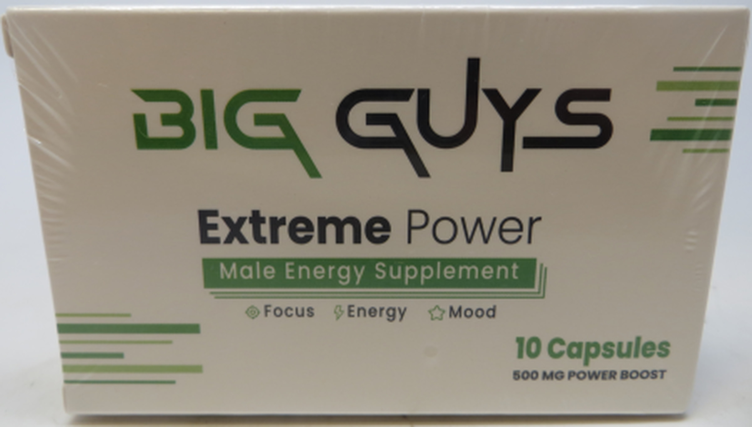 A box that says it contains 10 capsules of Big Guys Extreme Power Male Energy Supplement.