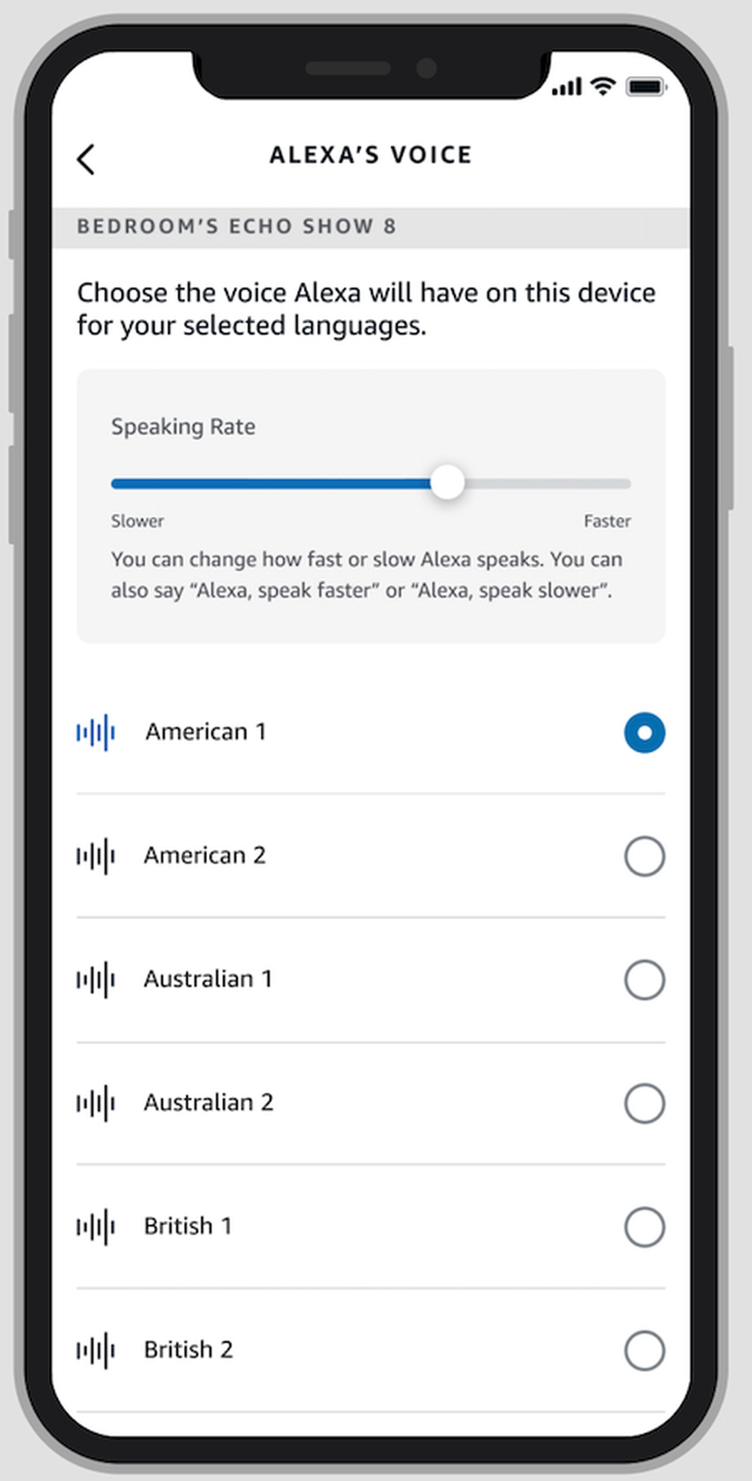 A tela de configurações que agora permite trocar os sotaques da Alexa.