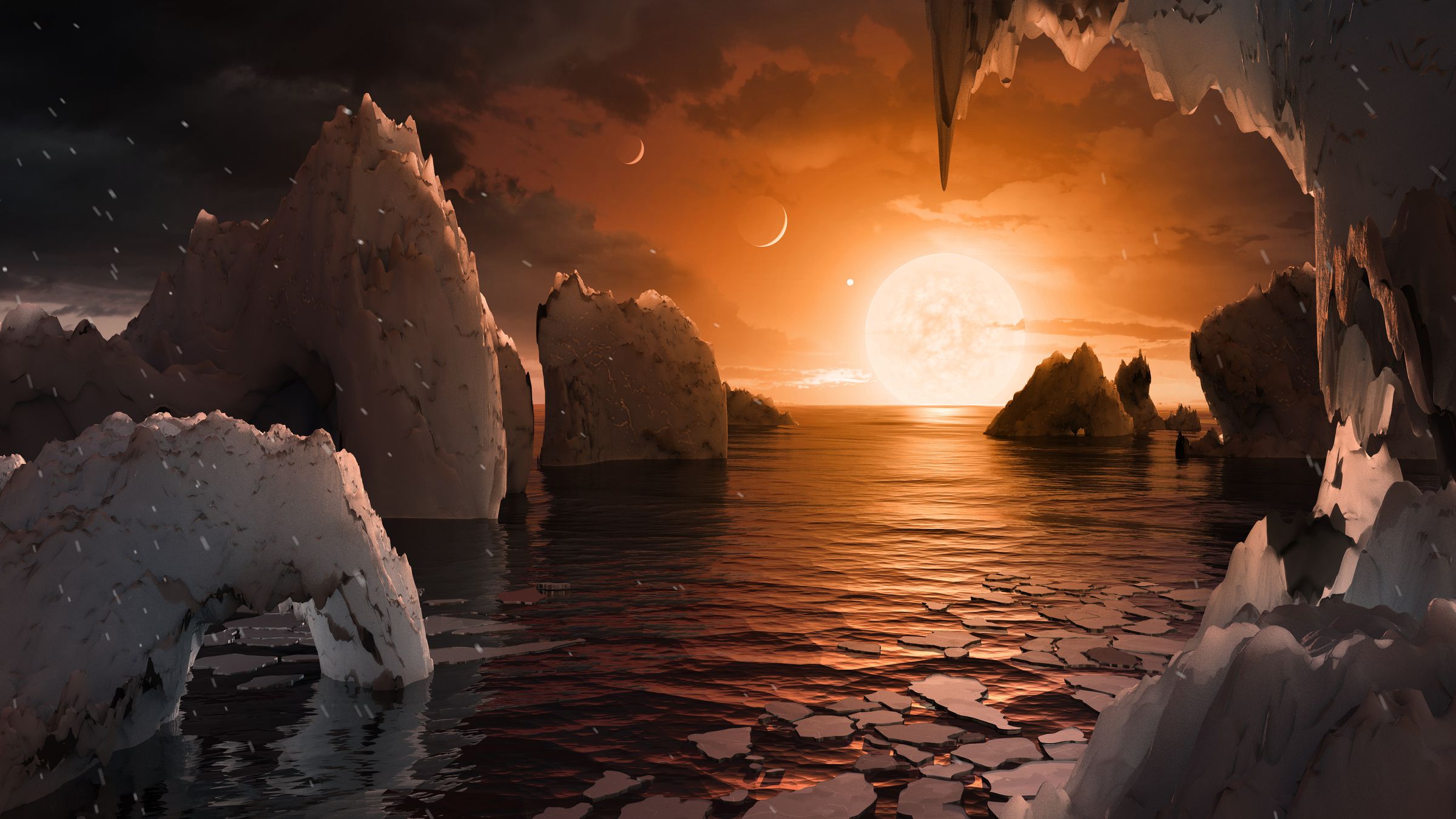 An artist rendering of what it might look like from the surface of TRAPPIST-1f.