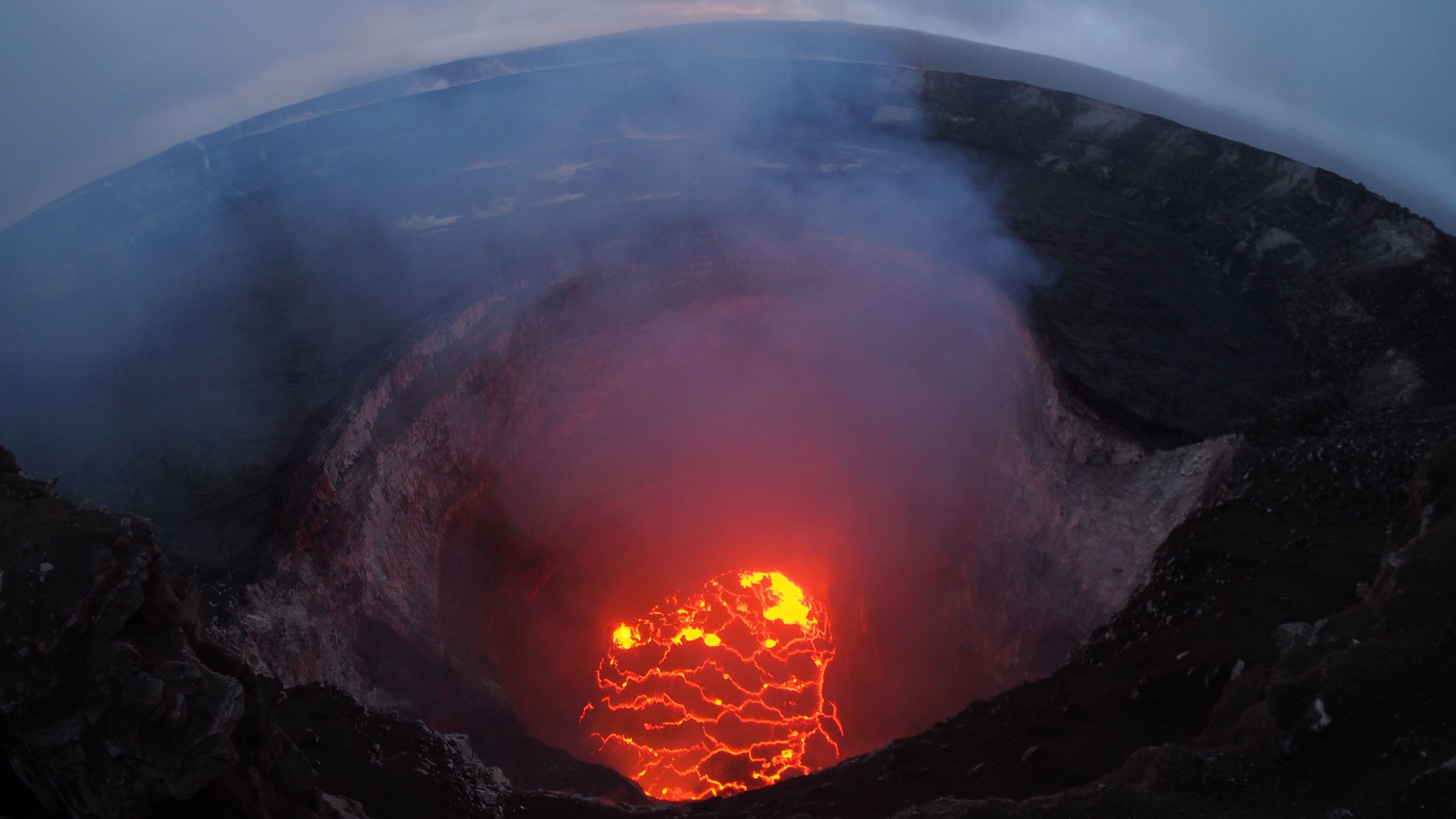 The summit lava lake in one of Kilauea’s craters has dropped significantly over the past few days, about 721 feet (220 meters) below the crater’s rim.