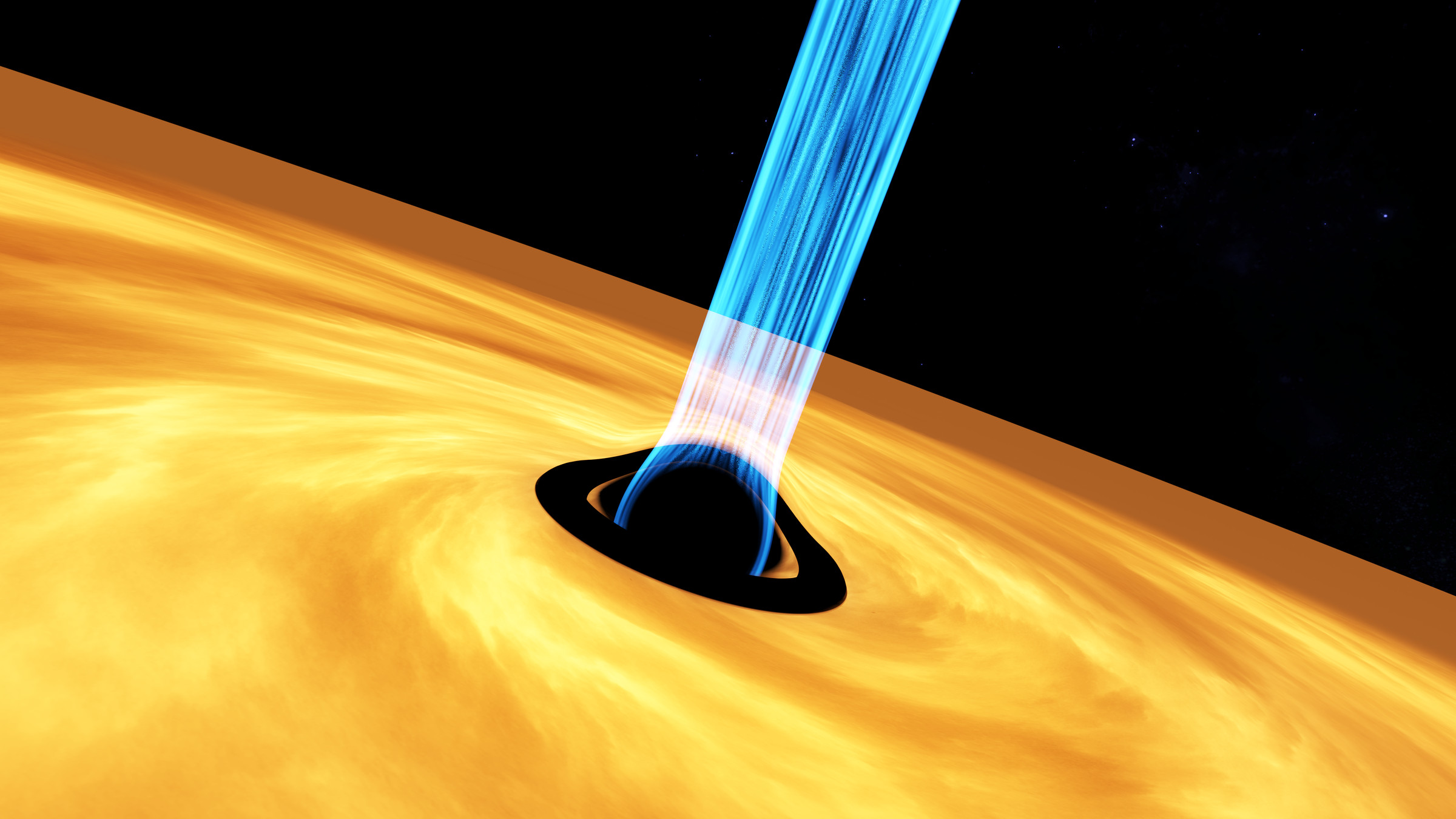 A rendering of the blazar sending a jet of radiation outward.