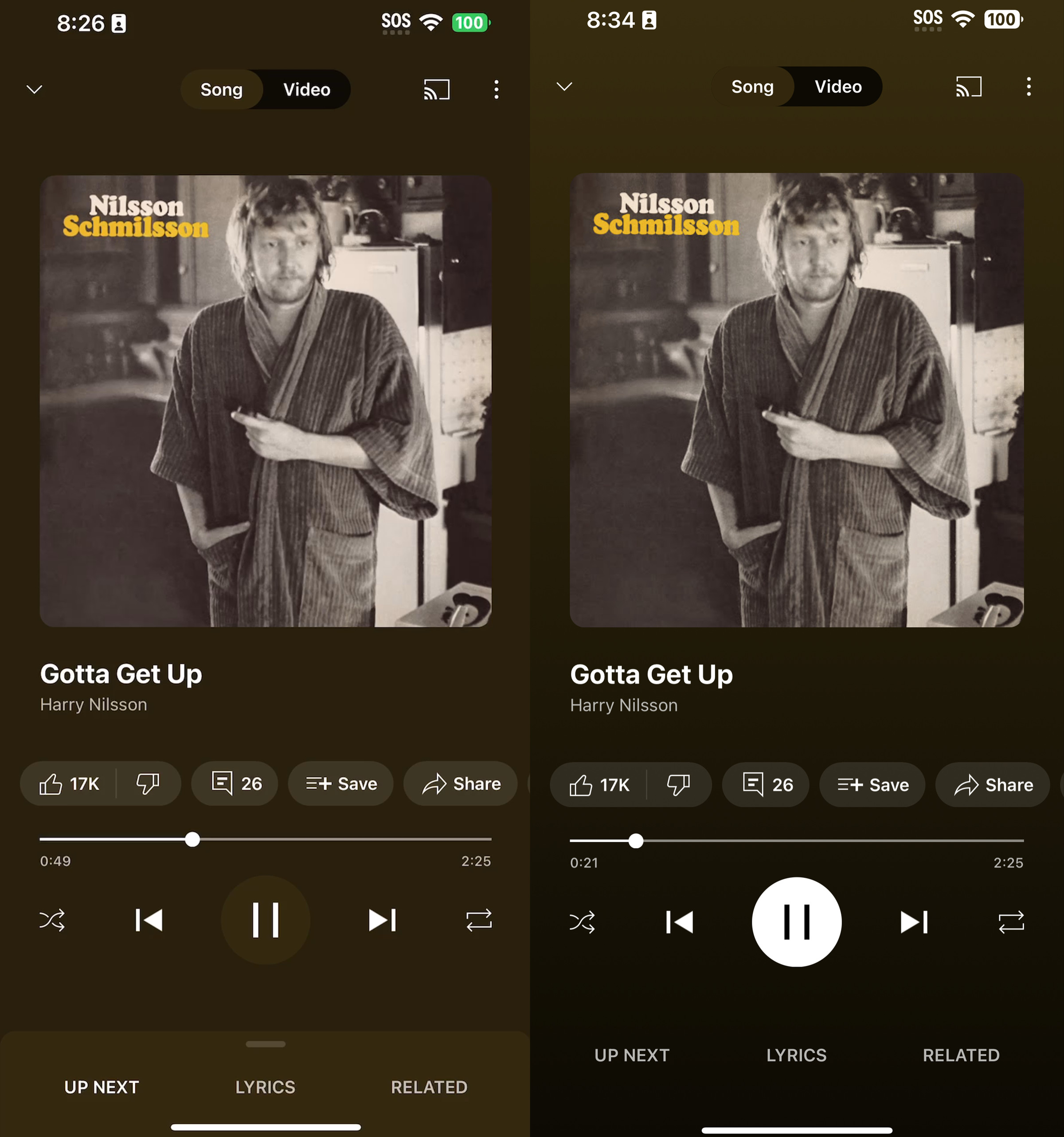 A pair of screenshots, showing the old YouTube Music background on the left, and the new one on the right.