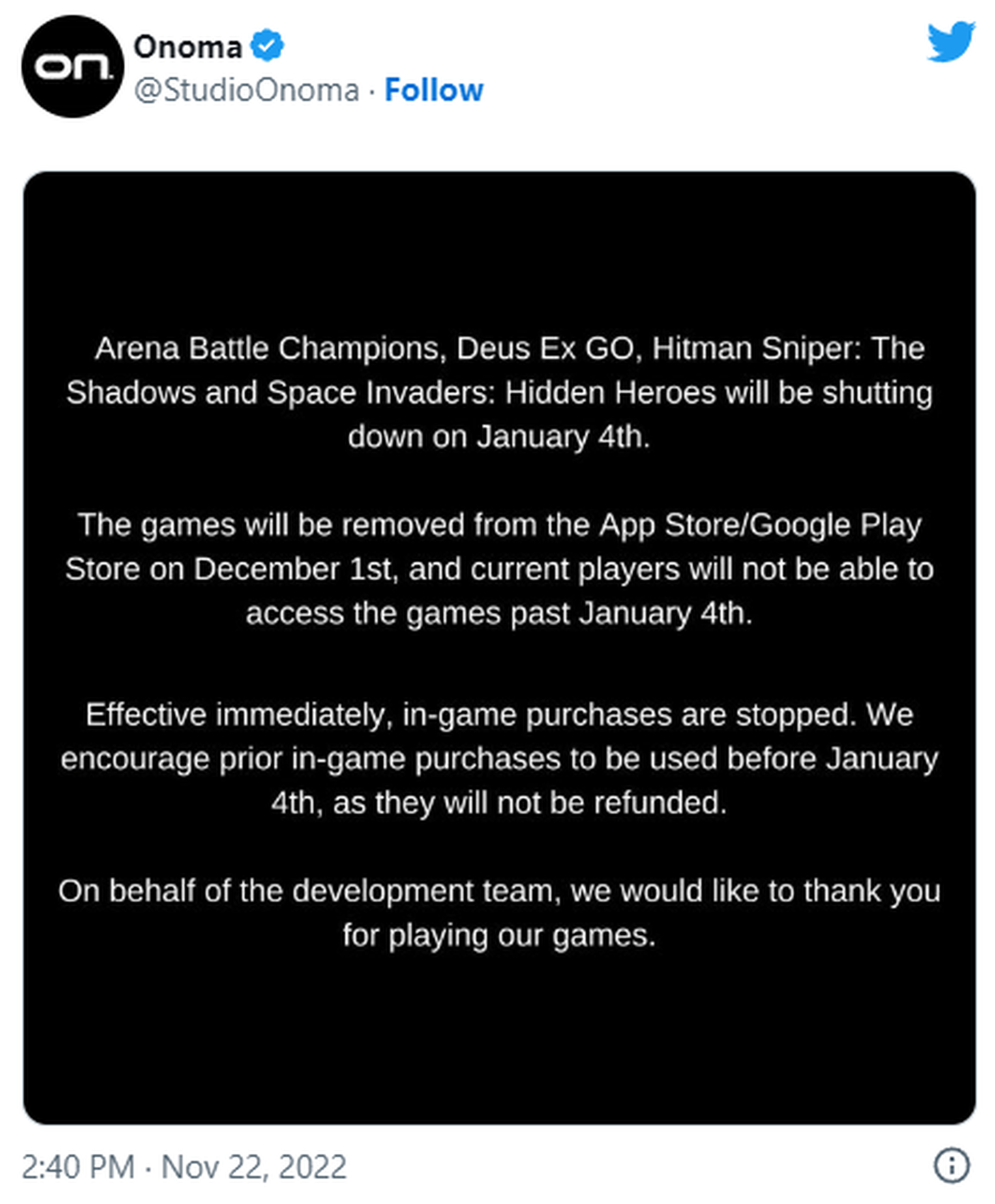 o tweet explica que não haverá reembolso para jogadores e os jogos serão encerrados em 4 de janeiro