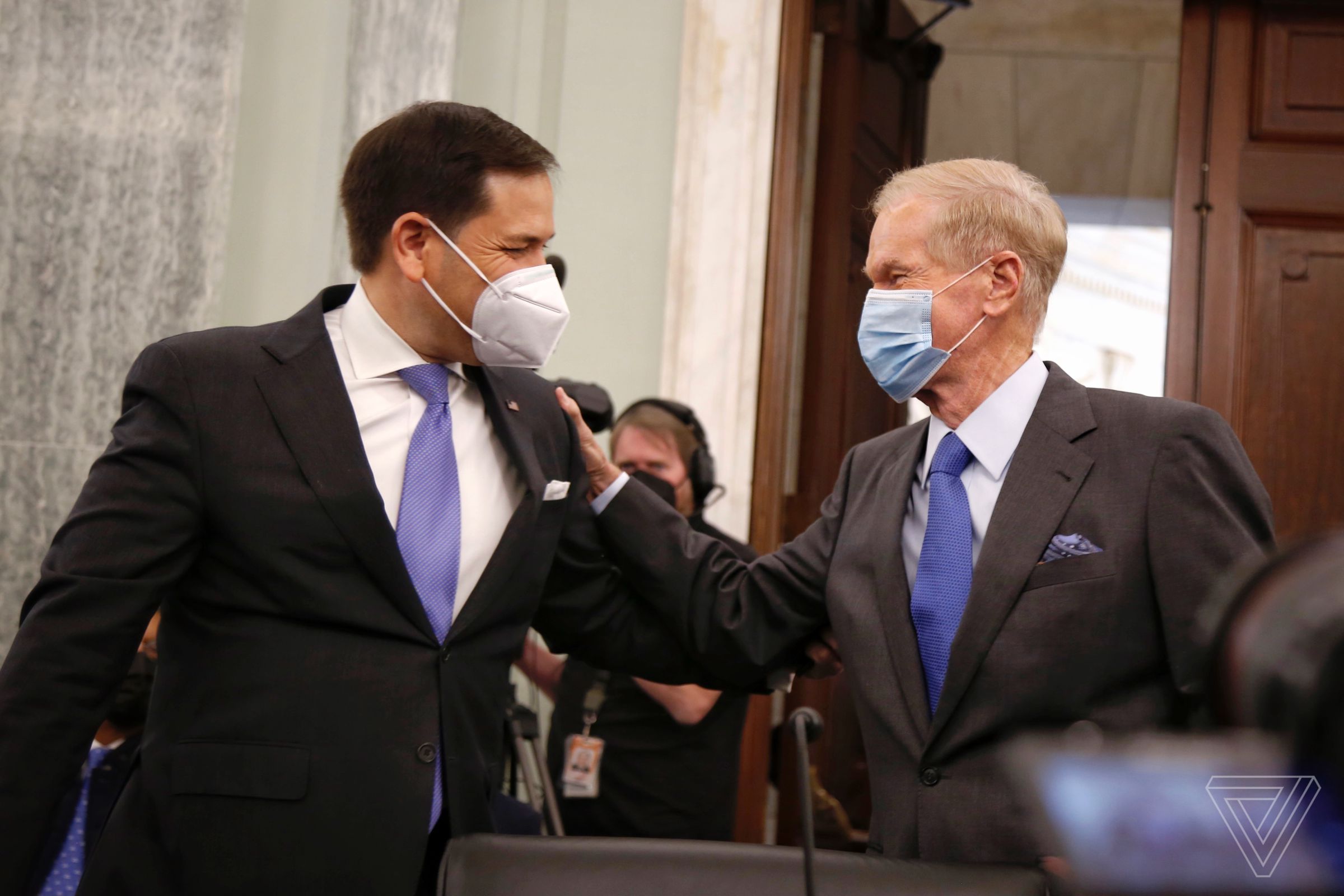 Before his Senate confirmation hearing to be NASA administrator, Bill Nelson greets Sen. Marco Rubio (R-FL), Nelson’s former colleague in the Senate and the first Republican to endorse Nelson’s nomination.