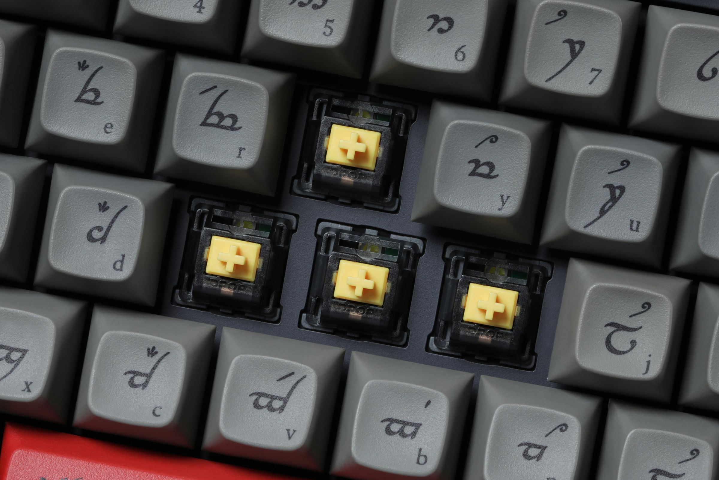 Close up of keyboard’s switches and keycaps.