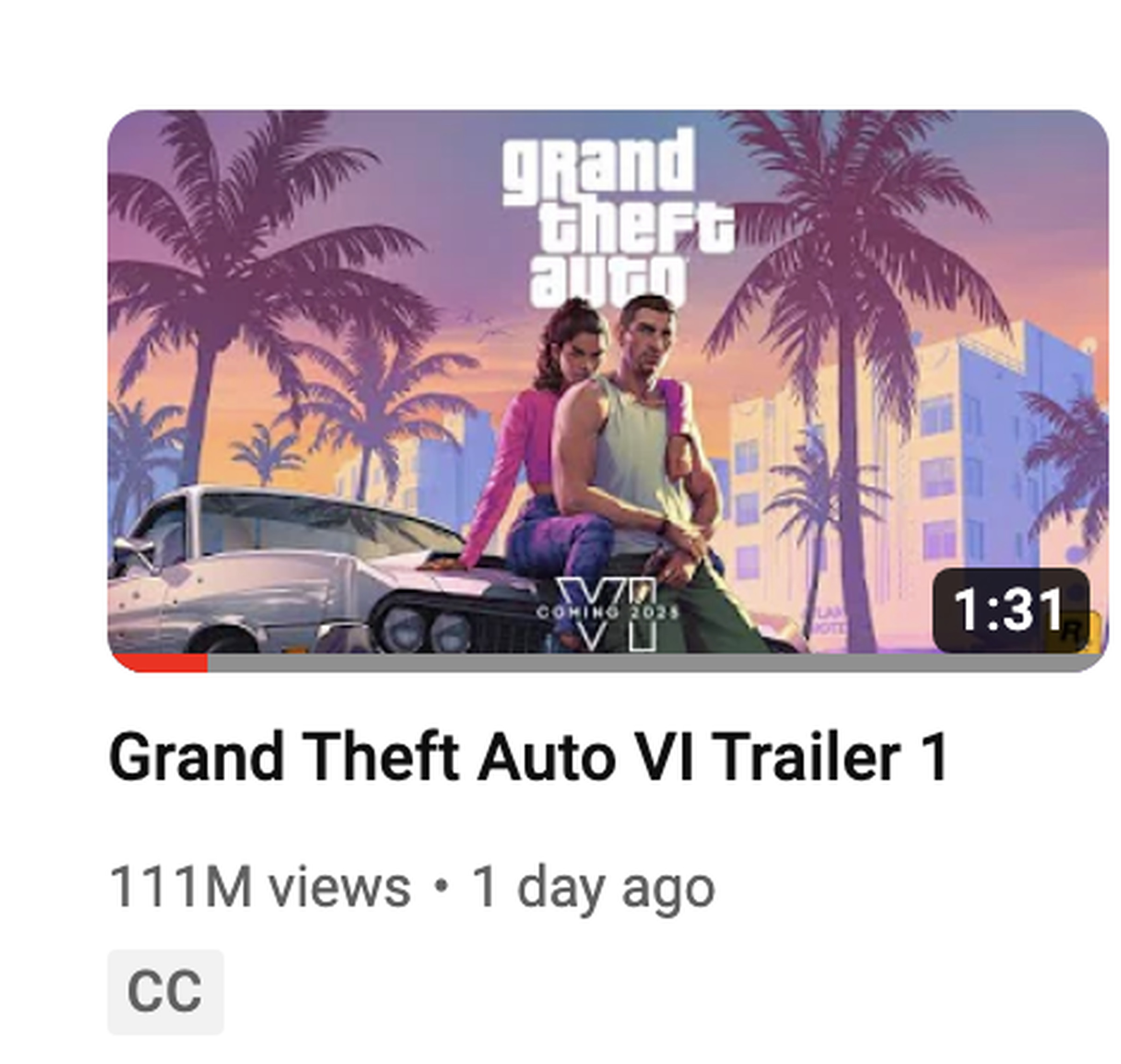 Screenshot of YouTube thumbnail featuring the view number for the GTA VI trailer which is 111 million views.