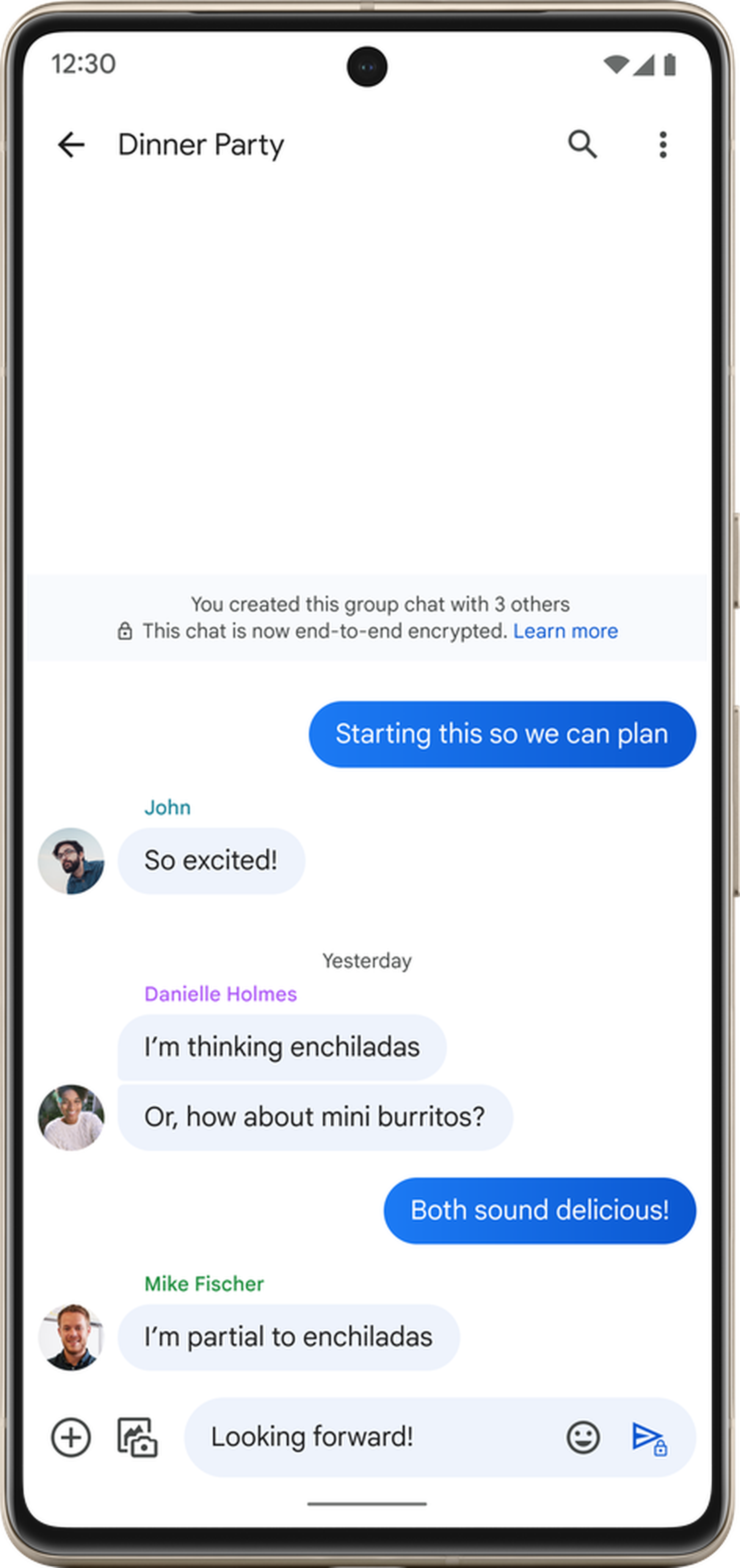 Screenshot of a group text on Google Messages, with a notice saying “This chat is now end-to-end encrypted.”