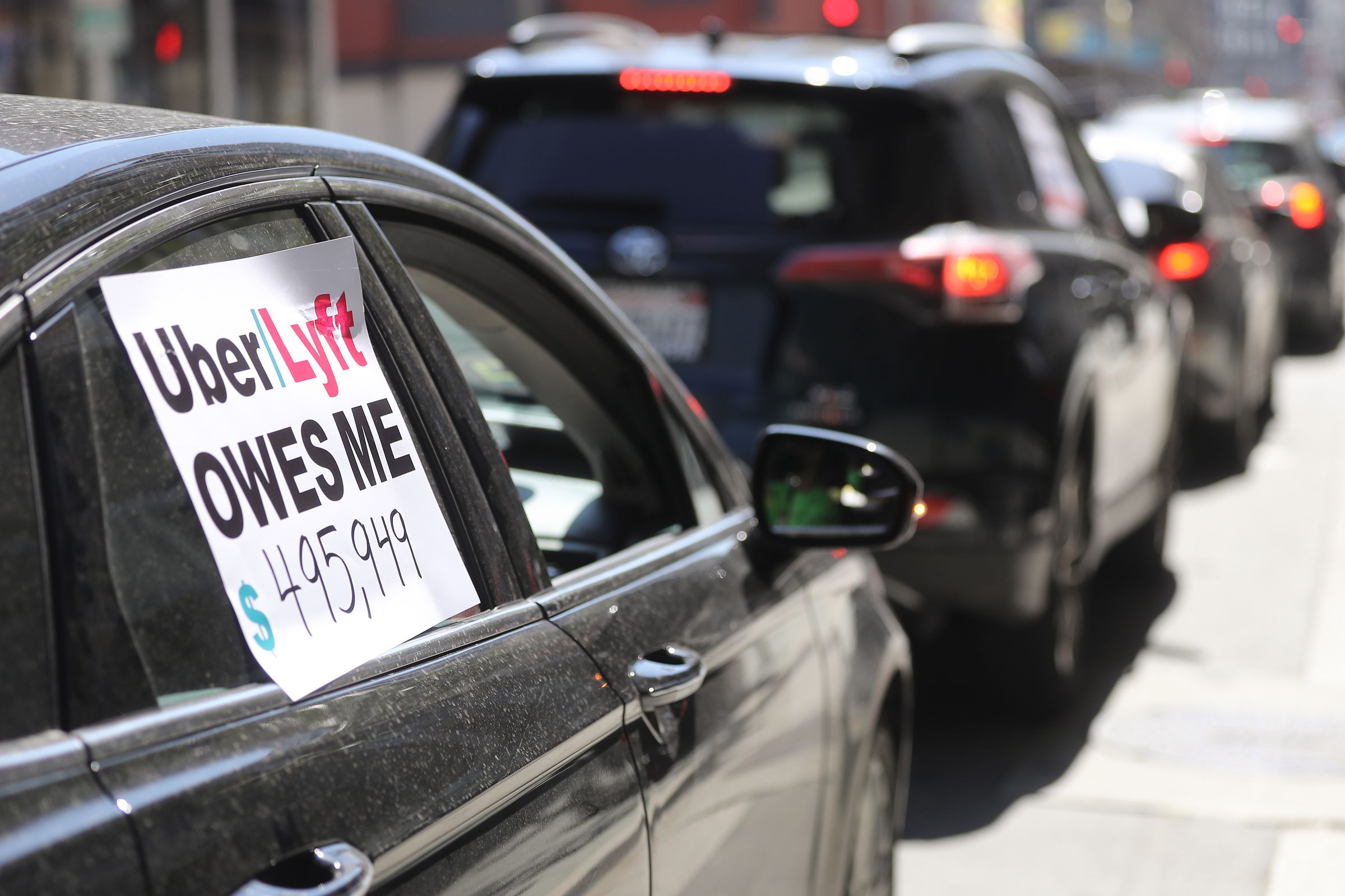 Transportation Union And Rideshare Drivers United Members Hold Rolling Vehicle Protest Calling On State To Enforce AB5