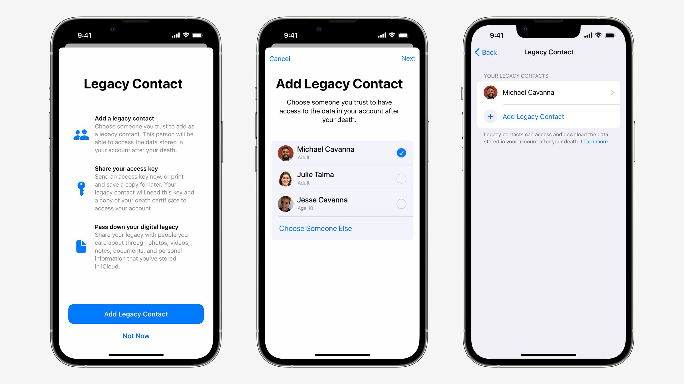 You can set up your Legacy Contacts in Settings on an iPhone, iPad, or Mac computer