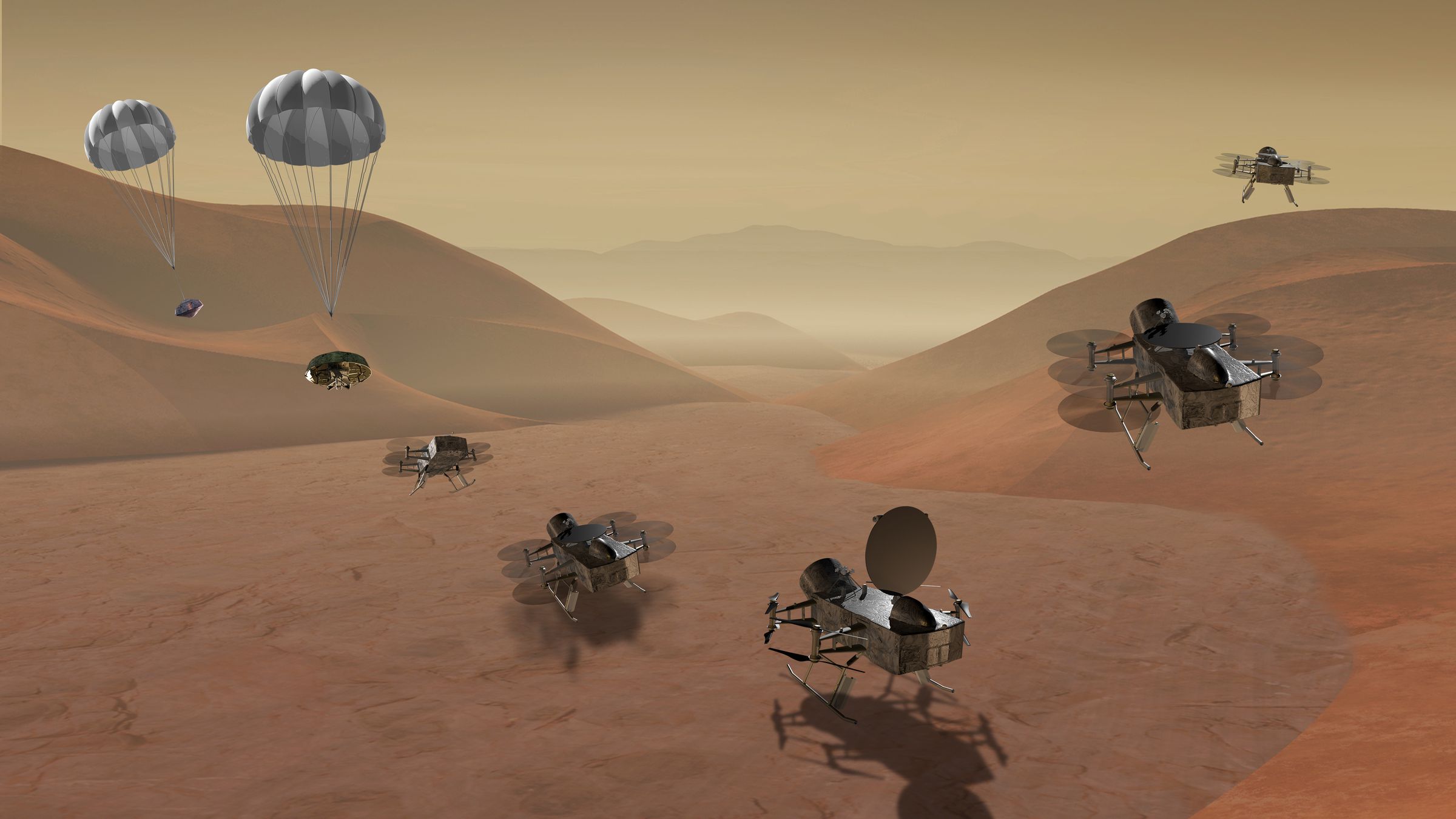 An illustration of the Dragonfly lander on the surface of Saturn’s moon Titan.