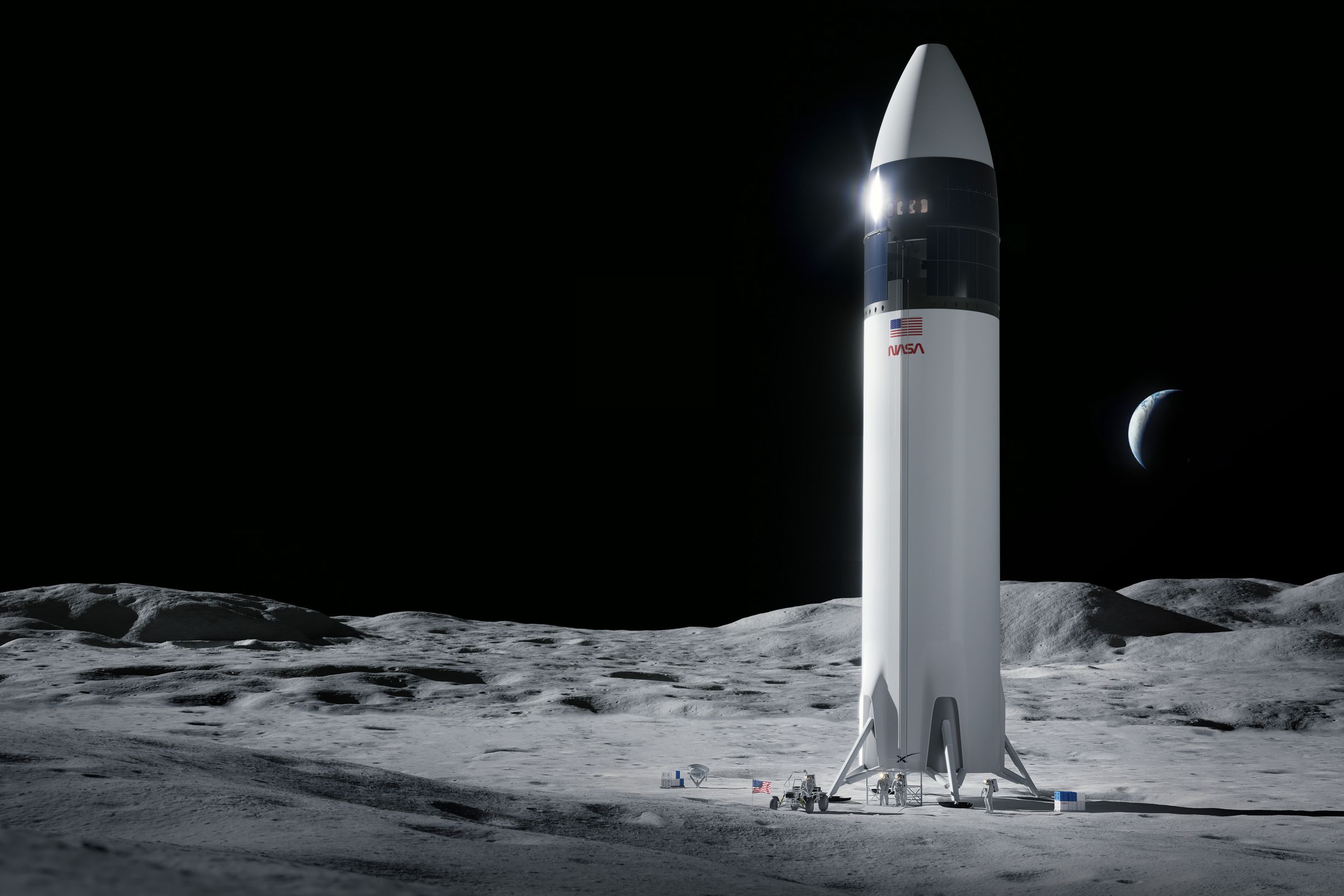 An artistic rendering of SpaceX’s Starship lunar lander, developed in partnership with NASA, on the surface of the Moon