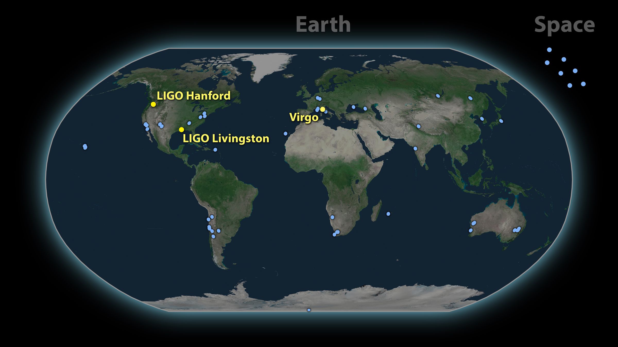 The locations of the three gravitational wave observatories, and the light telescopes that did follow-up observations.