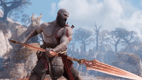 GIF from God of War Ragnarök featuring Kratos in his Spartan armor wielding his Draupnir spear