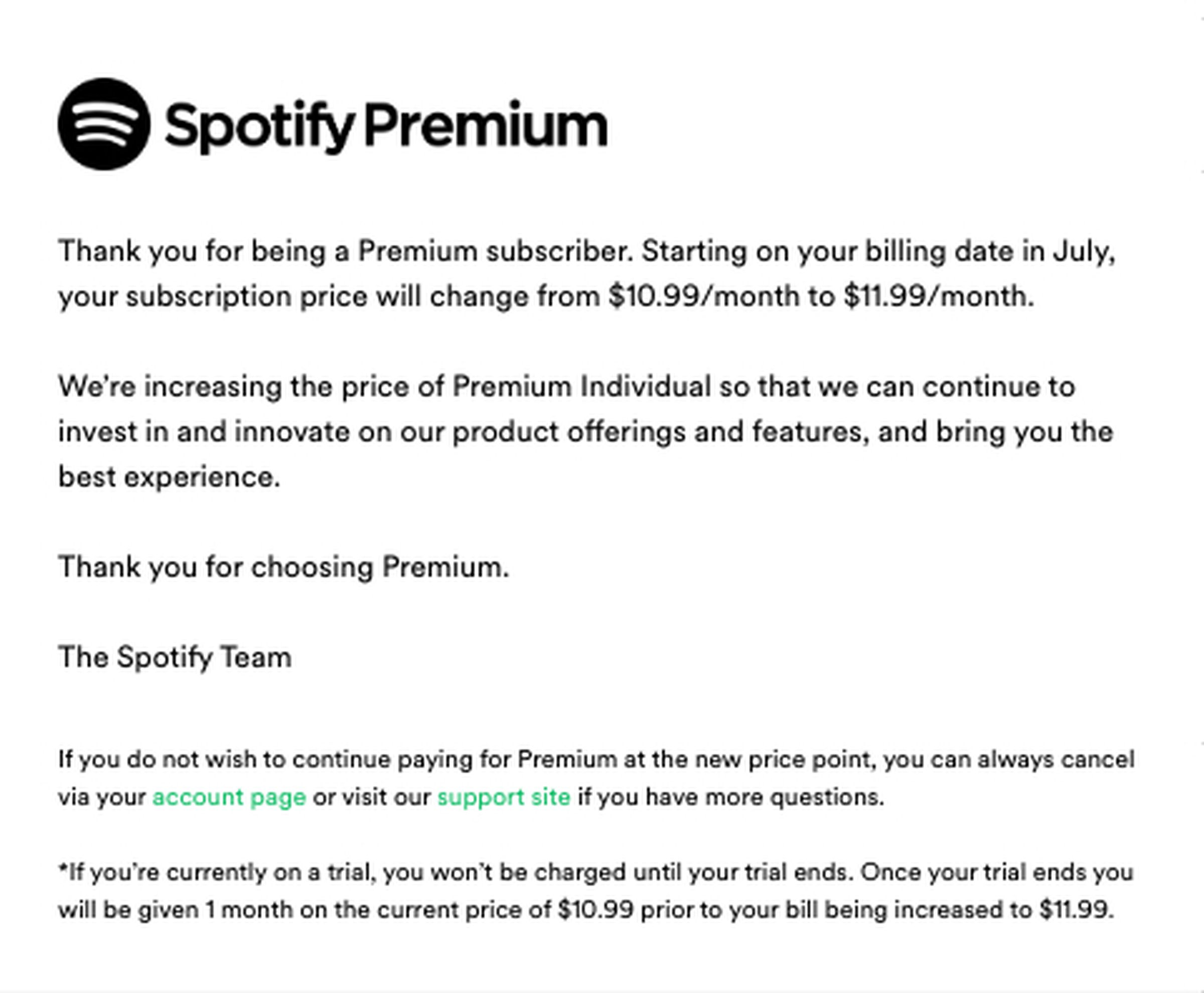 Spotify increases US subscription costs again. Spotify’s email notification.