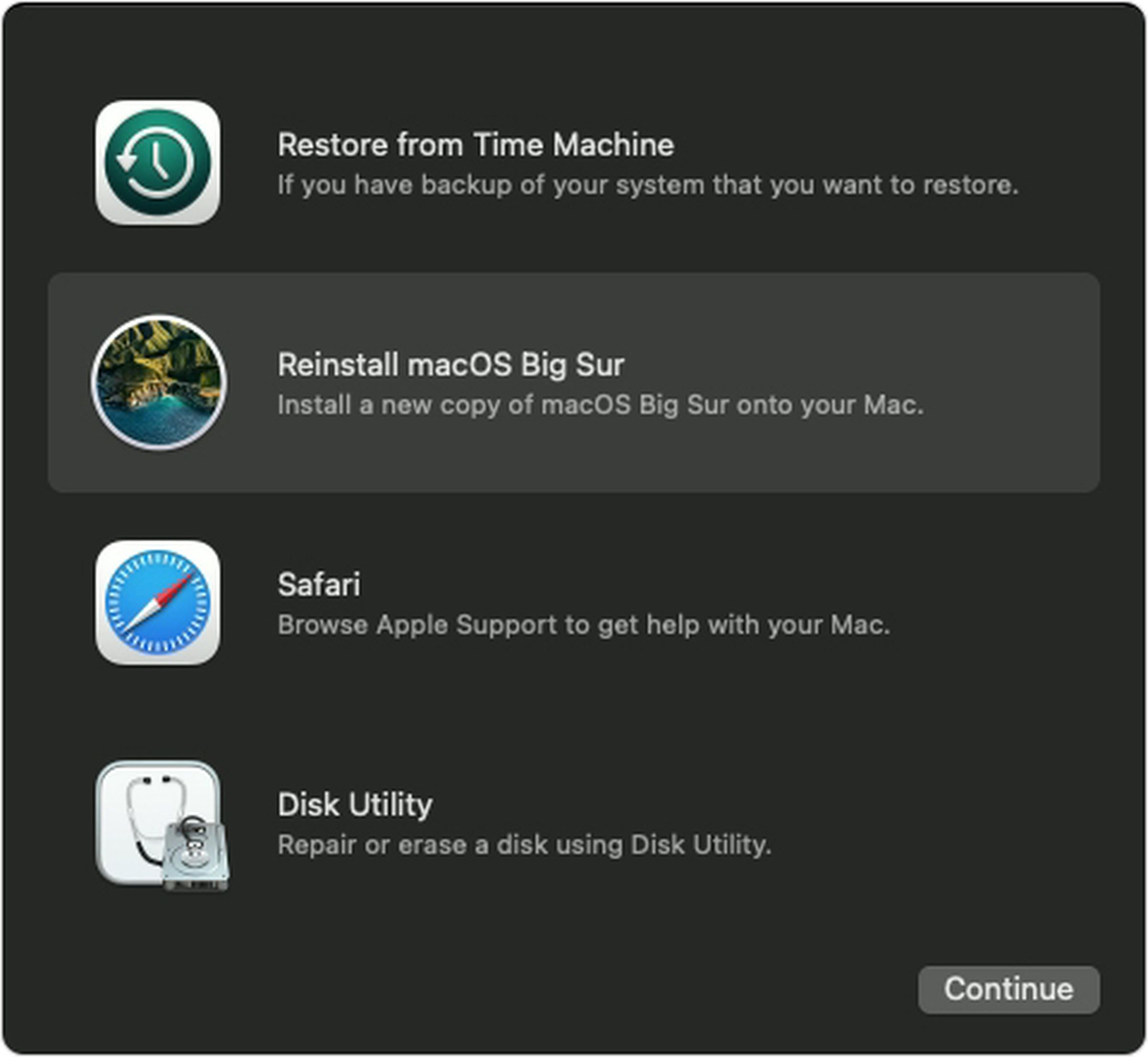 In the Recovery window, find “Restore From Time Machine Backup.”