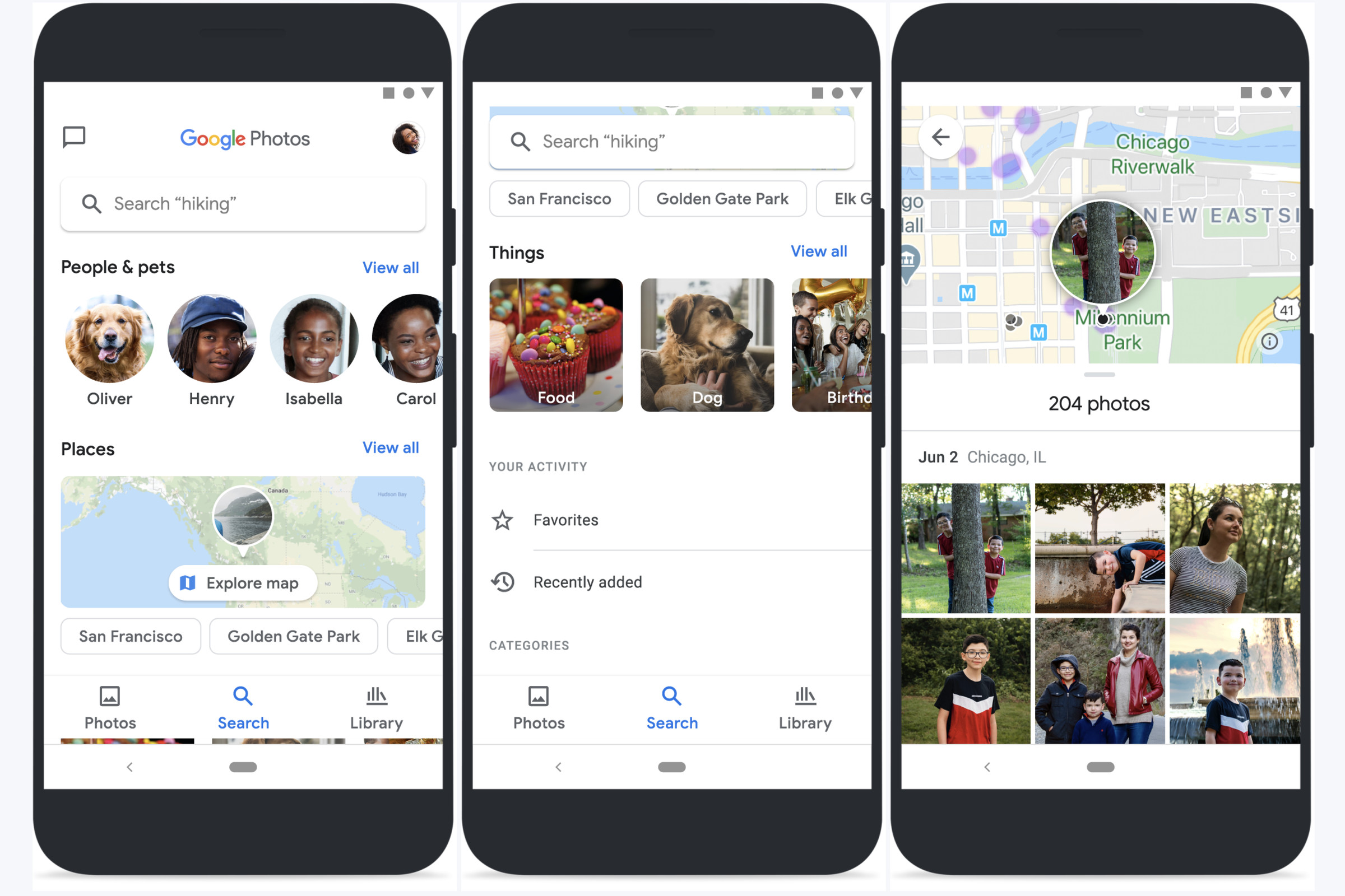 Three images demonstrating the new search interface in Google Photos for iOS and Android.