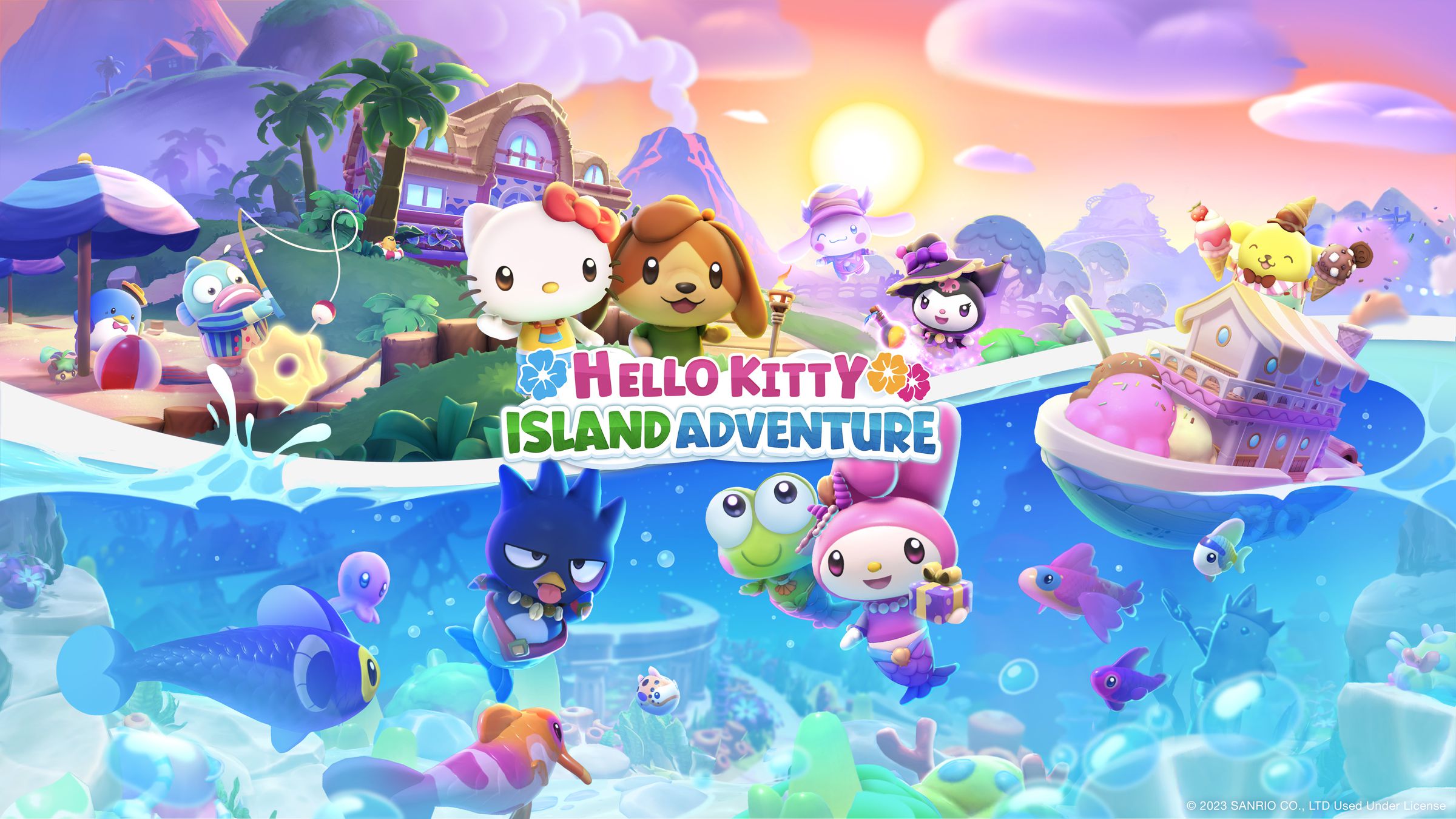 Key art from Hello Kitty Island Adventures featuring a collection of Hello Kitty characters exploring a tropical island