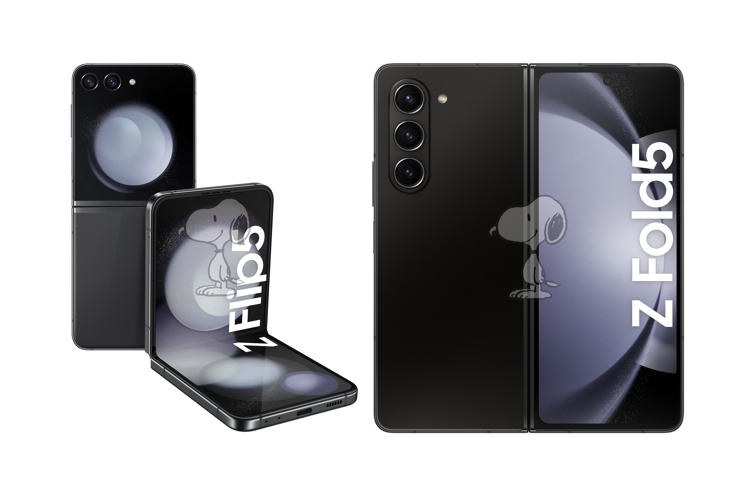 An image showing the Galaxy Z Flip 5, both partially folded and unfolded, alongside an unfolded Galaxy Z Fold 5.