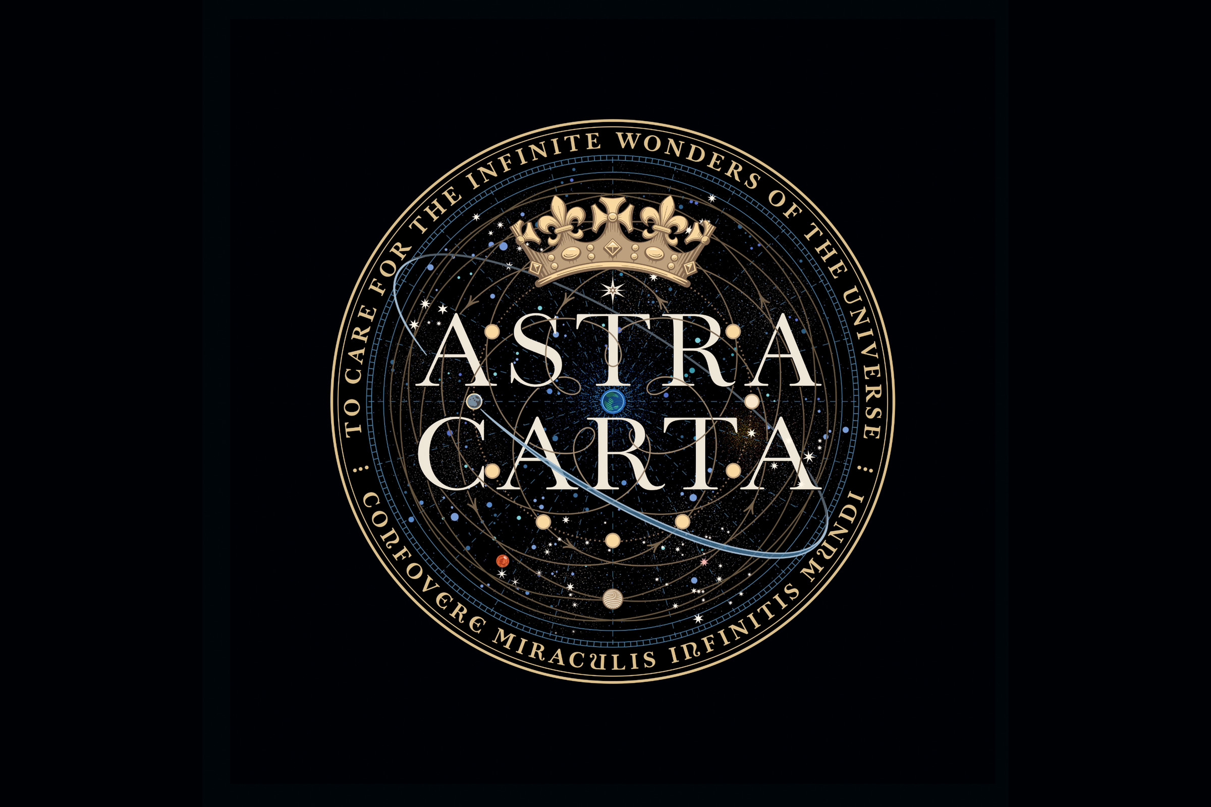 An image of the Astra Carta seal, with the words “ASTRA CARTA” in all-caps, a crown, and space imagery behind those with the Earth in the center, the Sun and Moon encircling them, and the path of Venus and constellations surrounding.