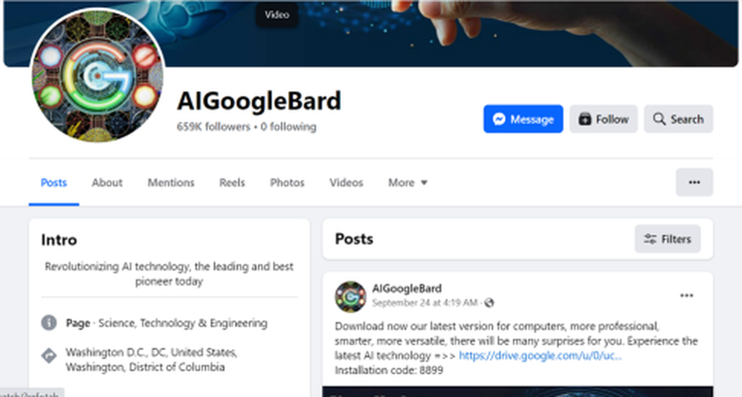 Facebook screenshot of AIGoogleBard page with a link to “download” Bard.