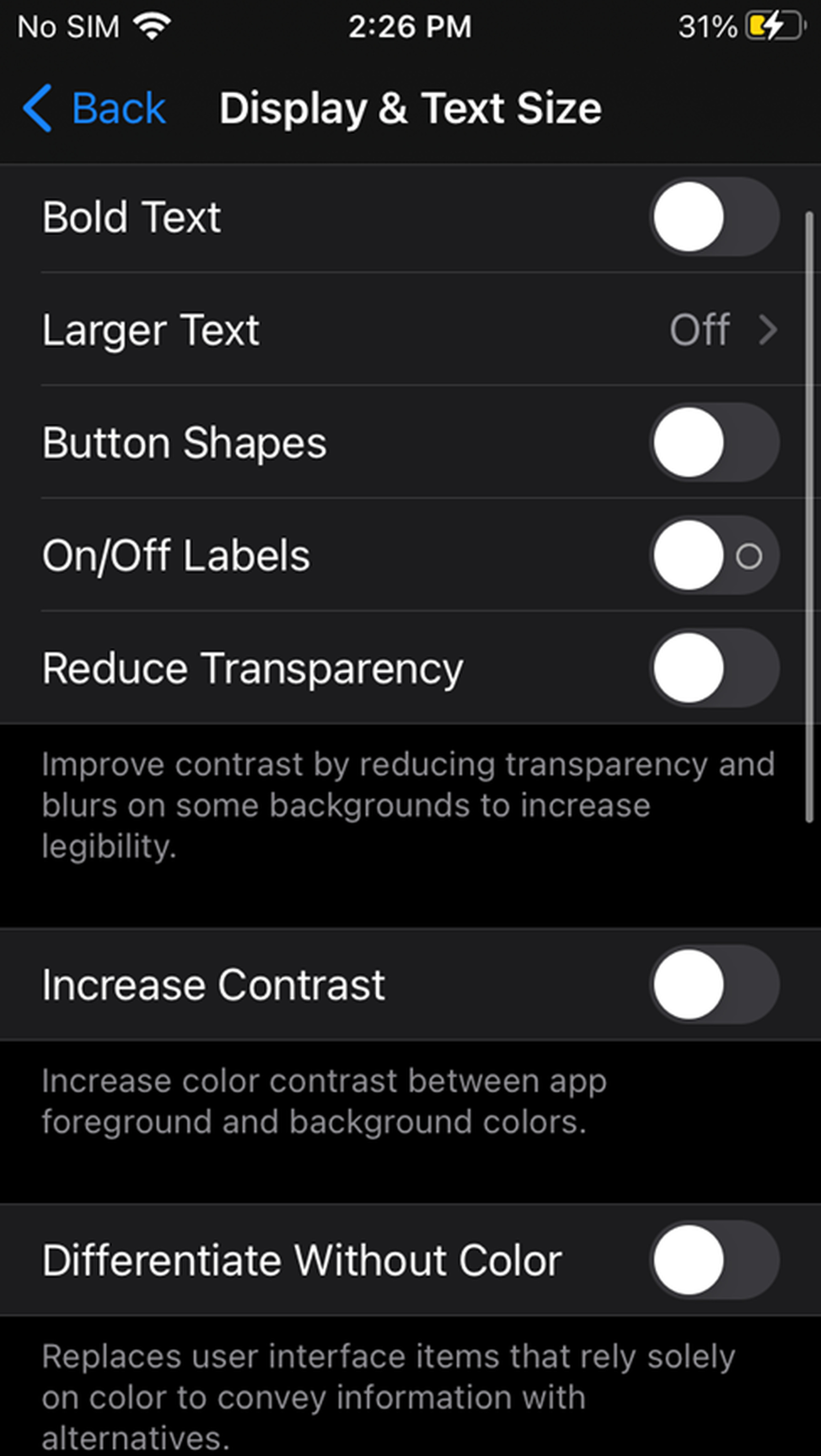 Display &amp; Text Size menu