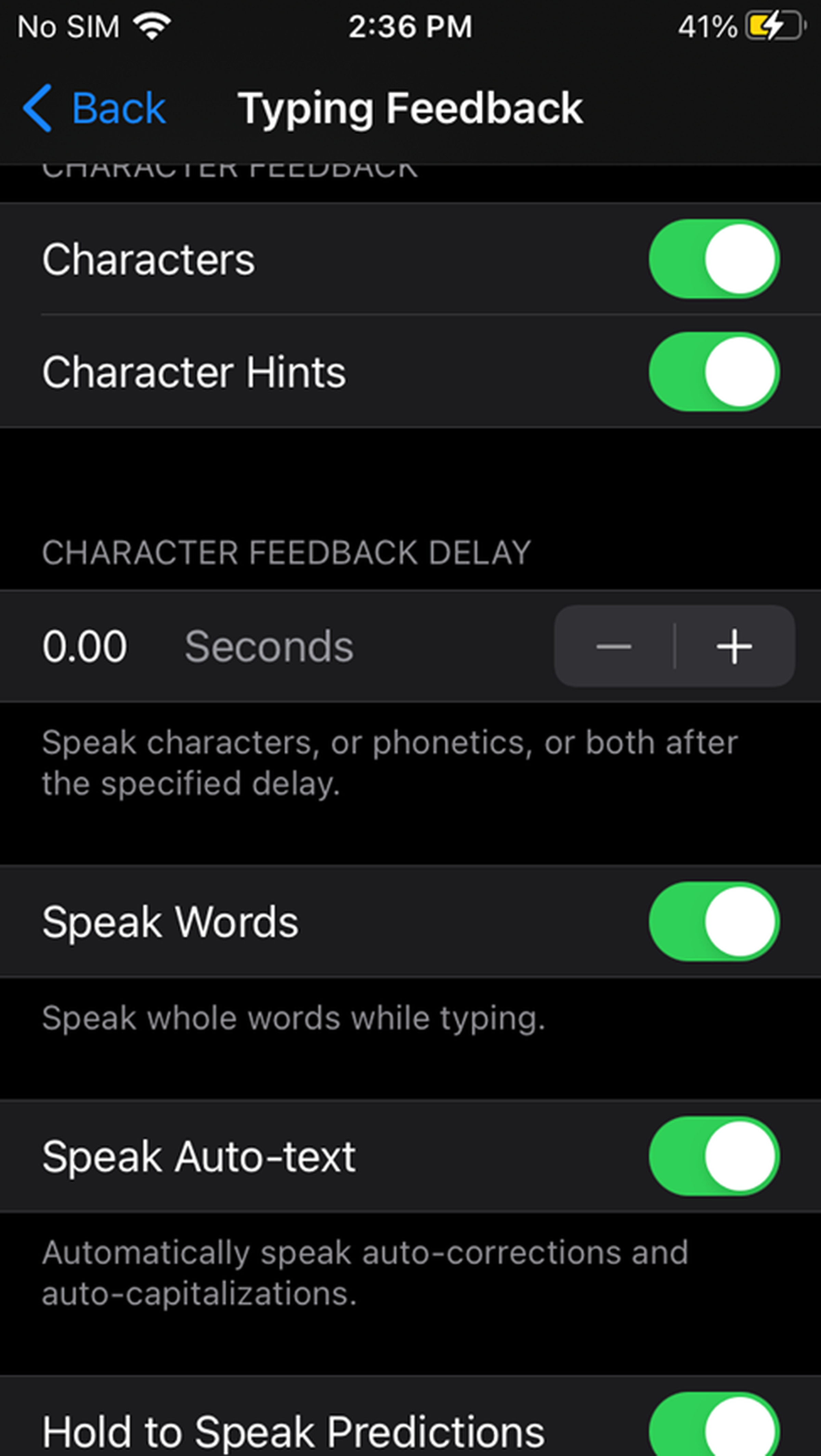 Typing Feedback page on iPhone