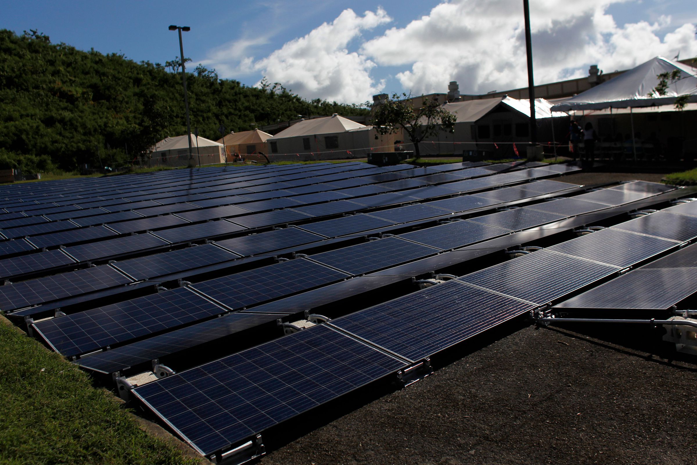 Solar panels set up by Tesla Industries are seen at a hospital in Vieques, Puerto Rico, on November 27th, 2017.