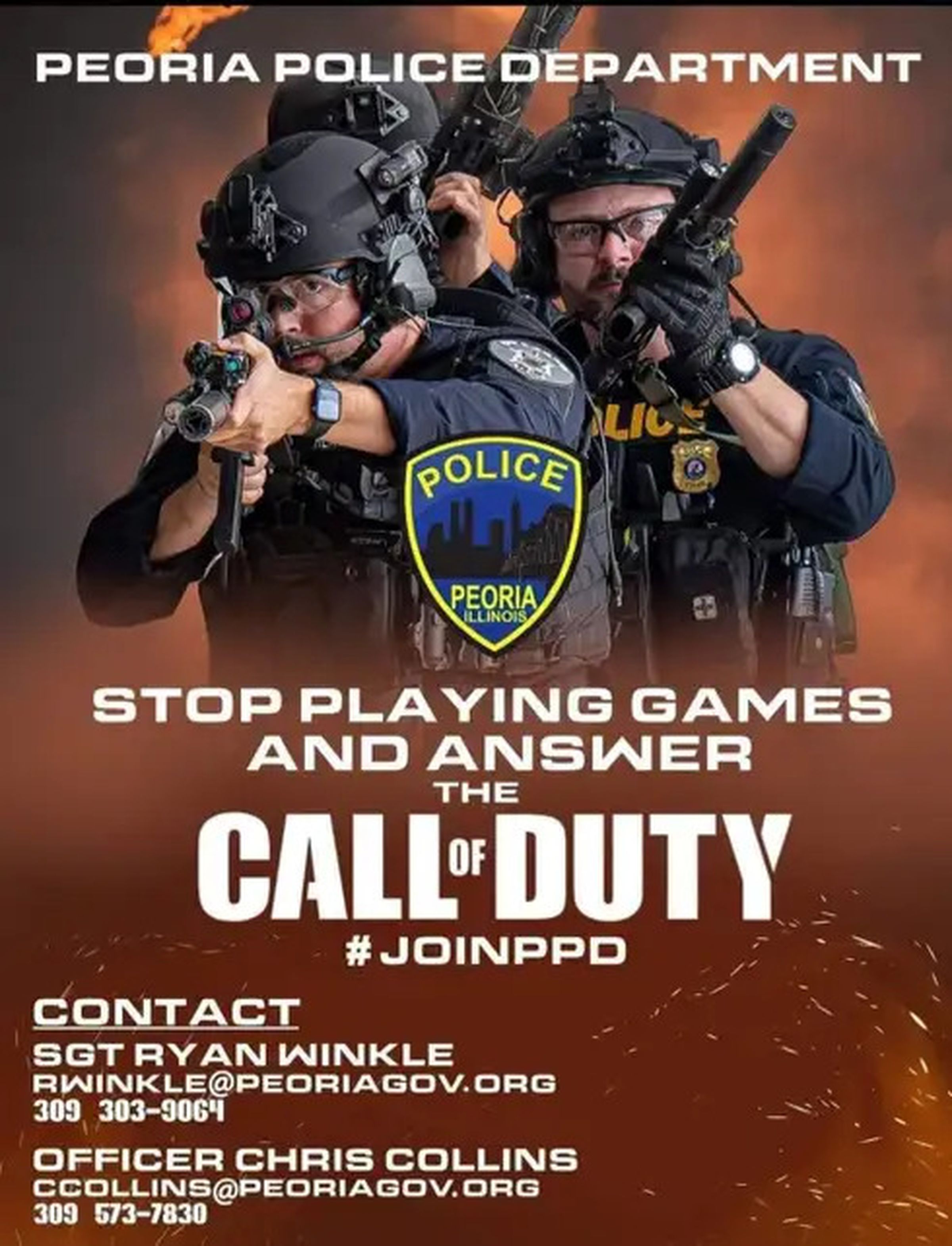A recruitment poster featuring police officers pointing guns with the slogan “stop playing games and answer the call of duty.”