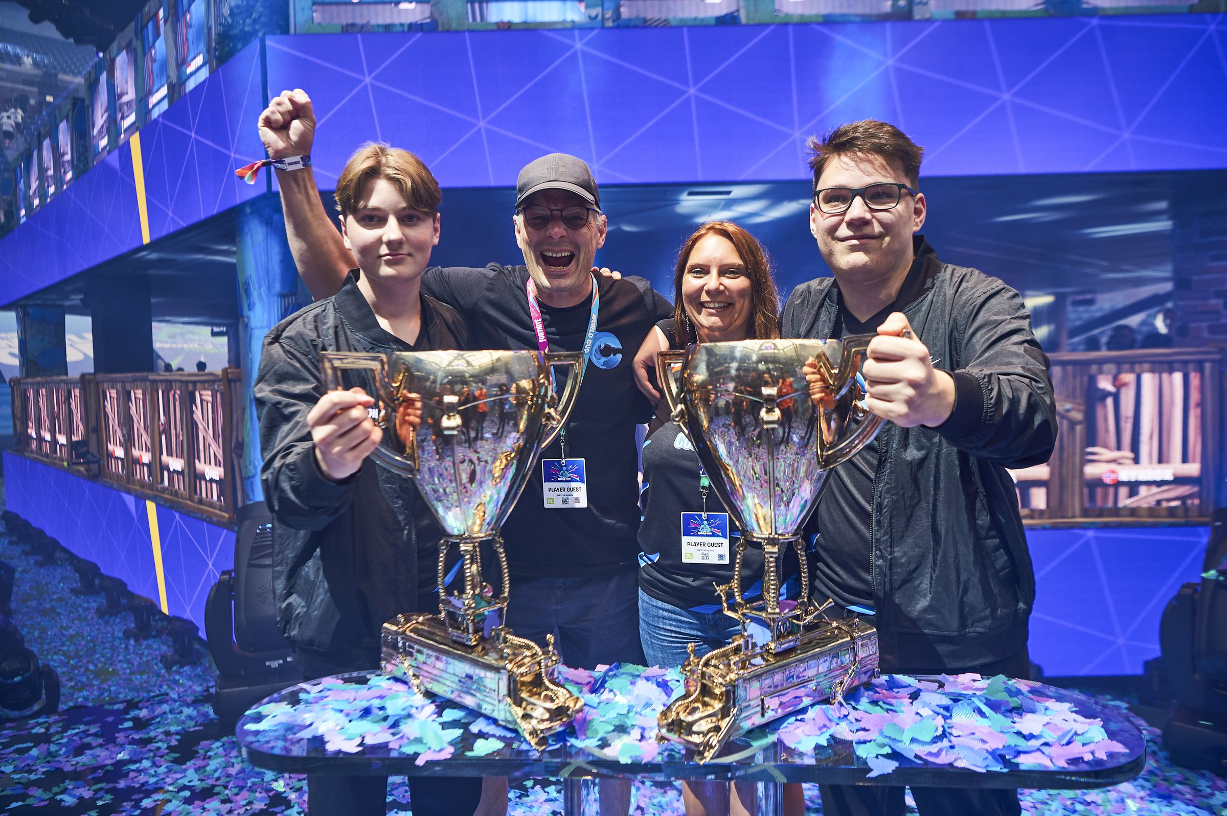 Emil “Nyhrox” Bergquist Pedersen (left) and David “Aqua” Wang (right) holding the Fortnite World Cup duos trophies after claiming victory on Saturday, July 27th. 