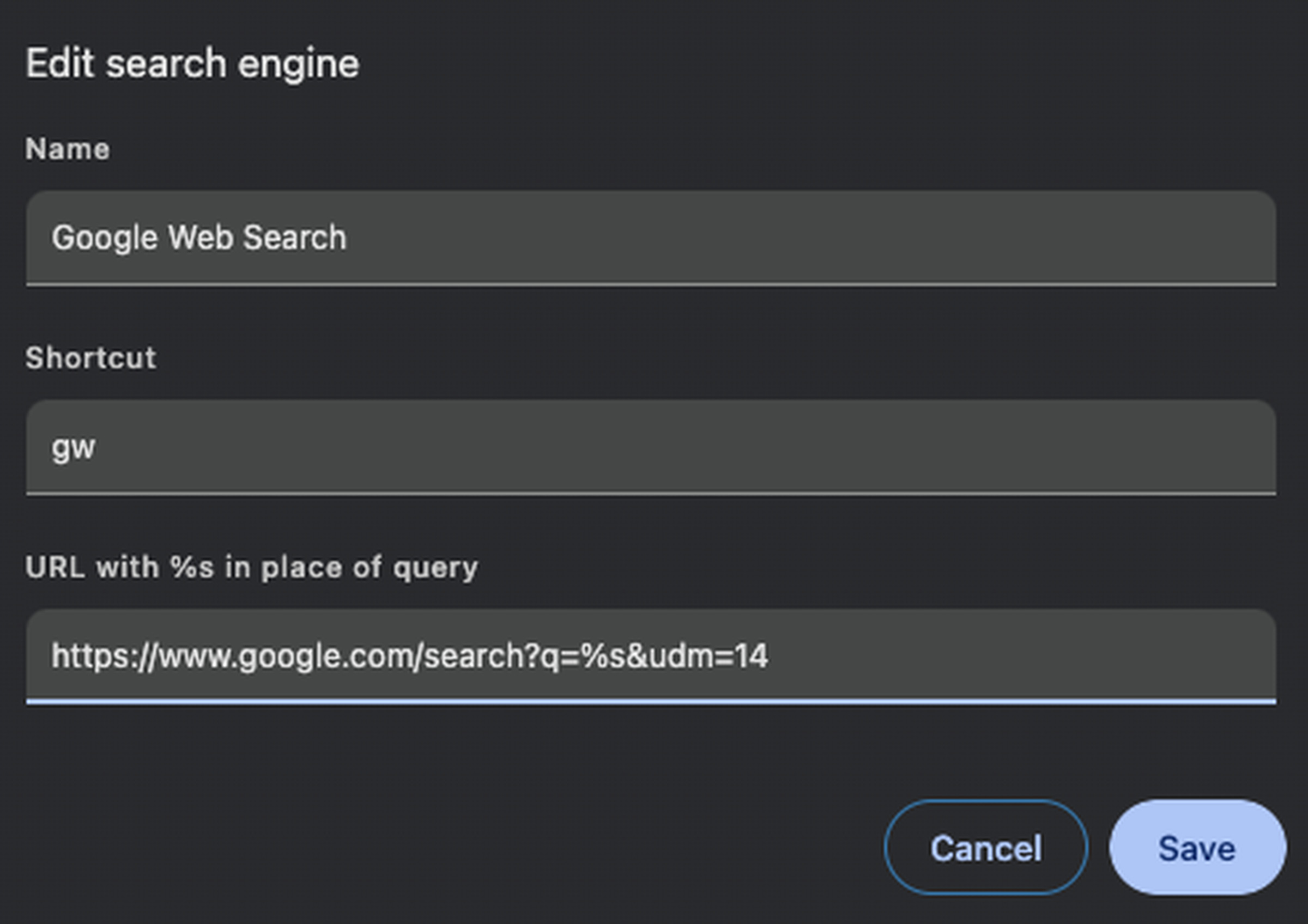 A screenshot showing three fields, filled out as follows: Name is “Google Web Search”; Shortcut is “gw”; and URL is “https://www.google.com/search?q=%s&amp;udm=14”
