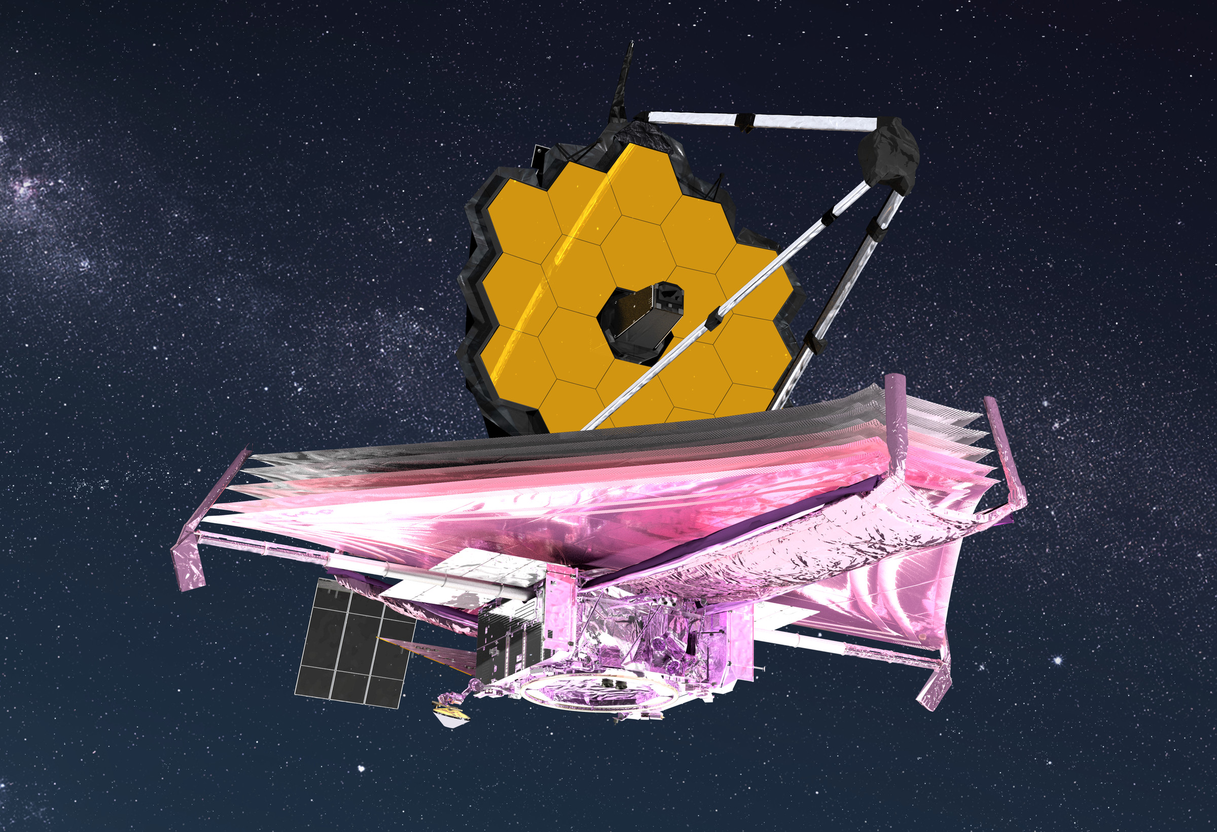 An artistic rendering of JWST completely unfurled in space