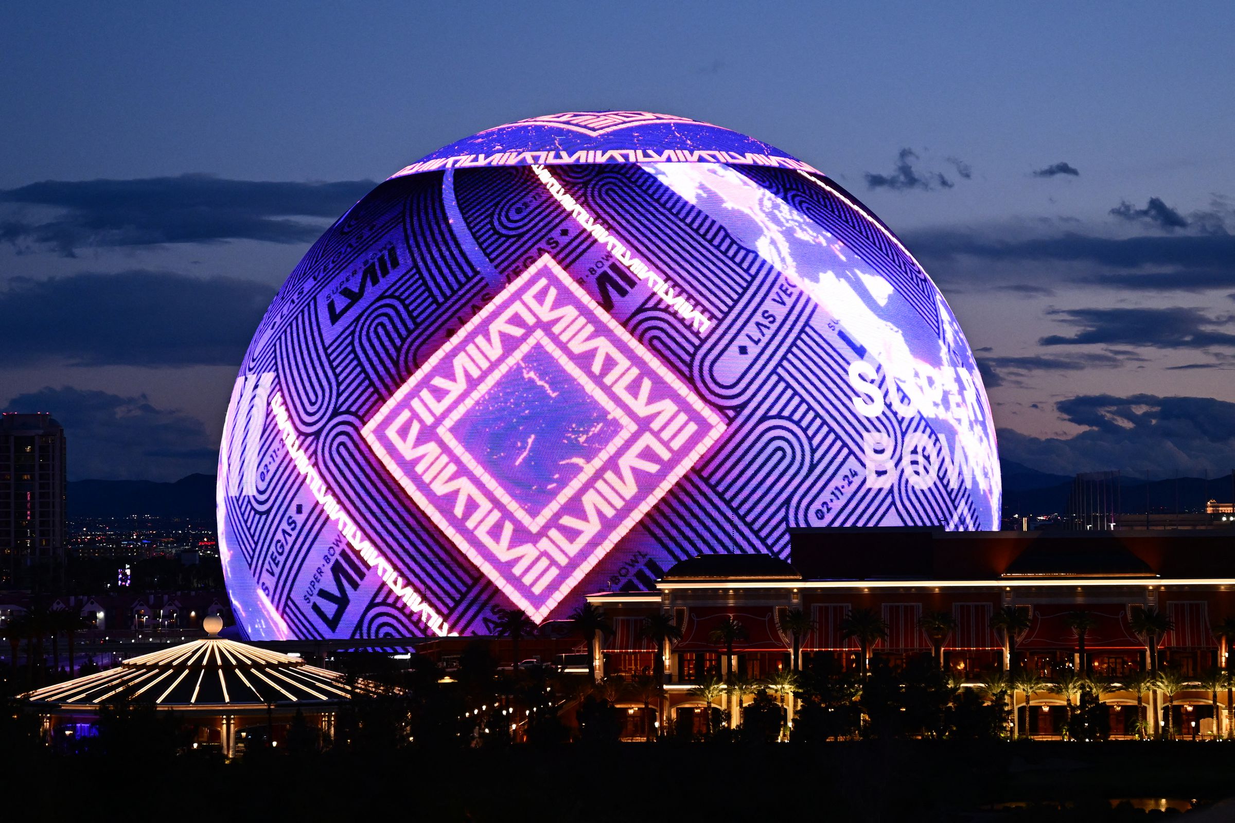 The words Super Bowl are displayed on the Sphere arena ahead of Super Bowl LVIII in Las Vegas, Nevada on February 7, 2024.