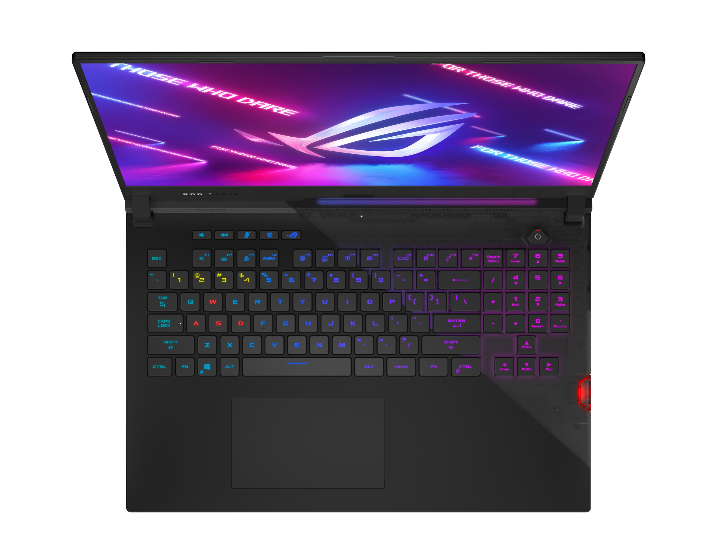 The Asus ROG Strix Scar 17 seen from above with the RGB keybaord illuminated. The screen displays the ROG logo on a purple background.