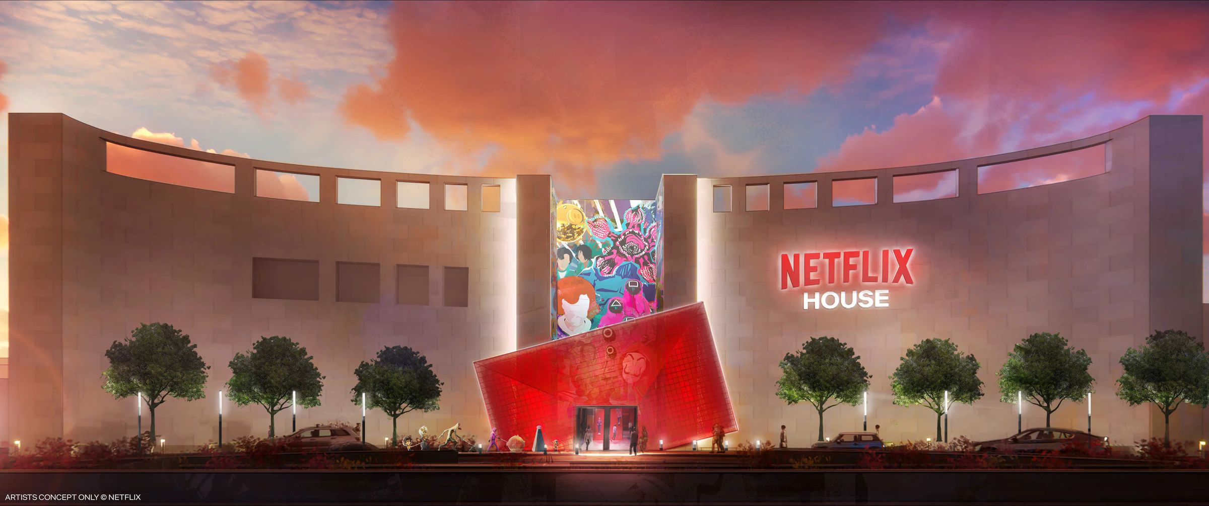 A concept rendering of a “Netflix House” location as a massive storefront with a red envelope on the building and people and cars in front.