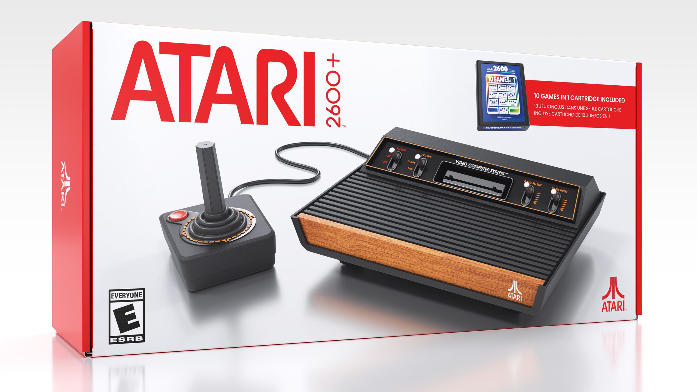 A picture of the Atari 2600 Plus in a white box with red edges. The box has the Atari 2600 Plus name in the top right, an Atari logo in the bottom right, and a picture of the 10-in-1 game cartridge on the top right.