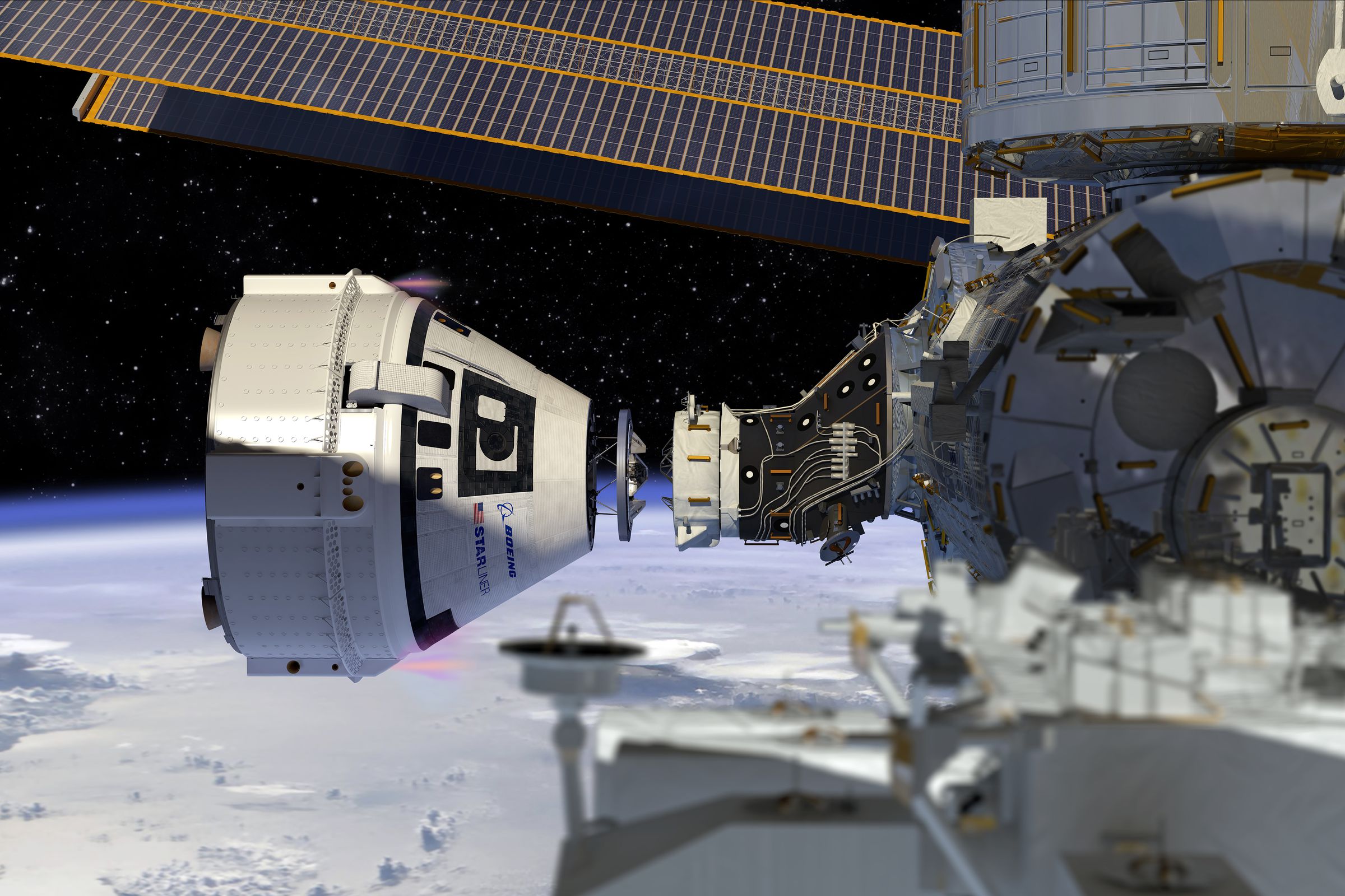 An artistic rendering of Boeing’s Starliner docking with the International Space Station.