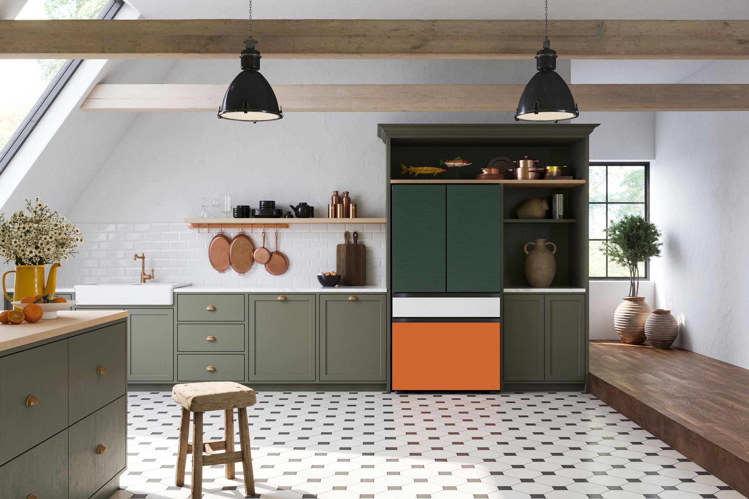 Jazz up your smart fridge in combination of 12 colors and two finishes. Glass finishes are available in sunrise yellow, clementine, morning blue, pink, charcoal, gray, and white glass. Metallic options are emerald green, navy, matte black, tuscan, and regular old stainless steel. 