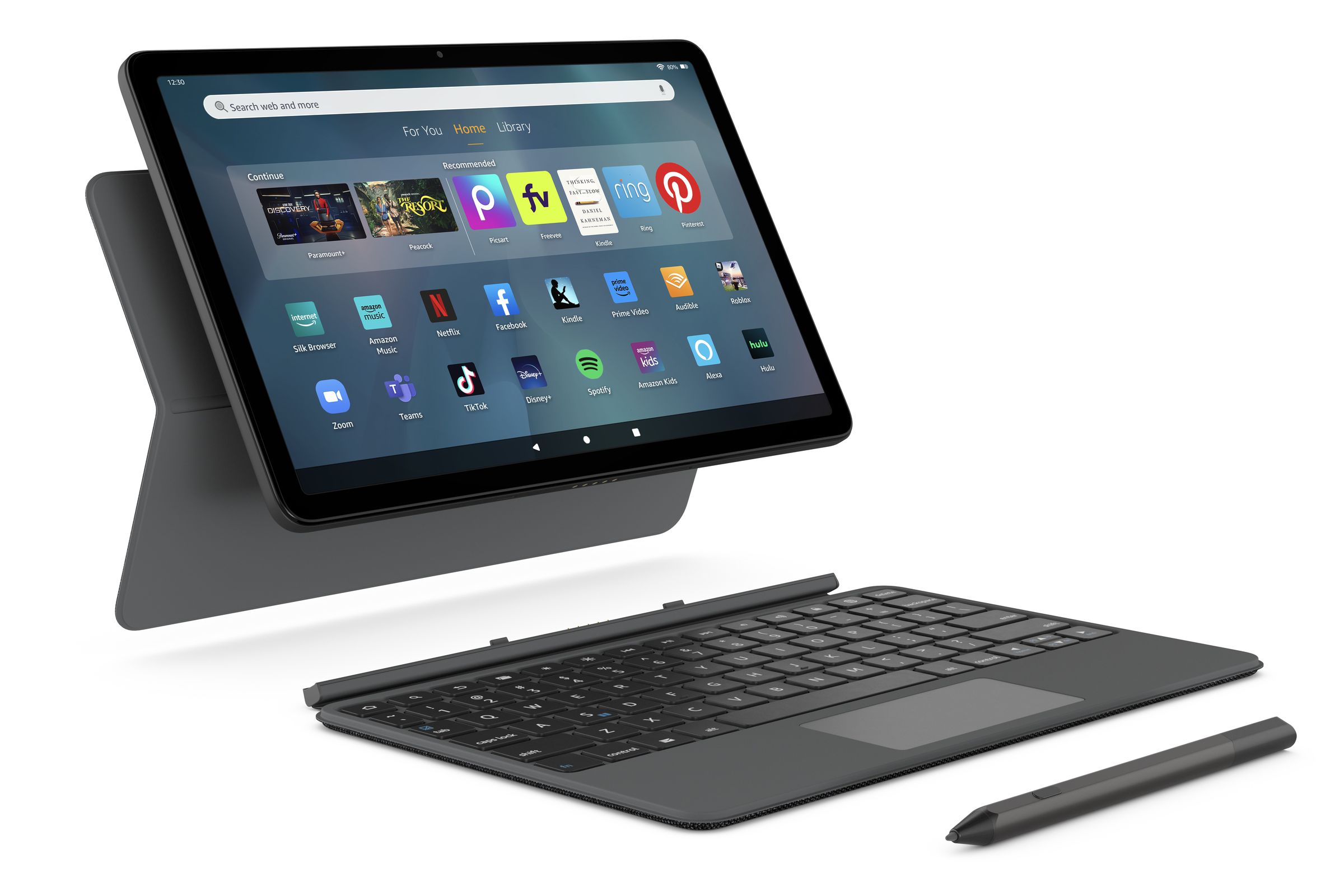 Amazon Fire Max 11 tablet with removable rear stand, removable keyboard, and a stylus.