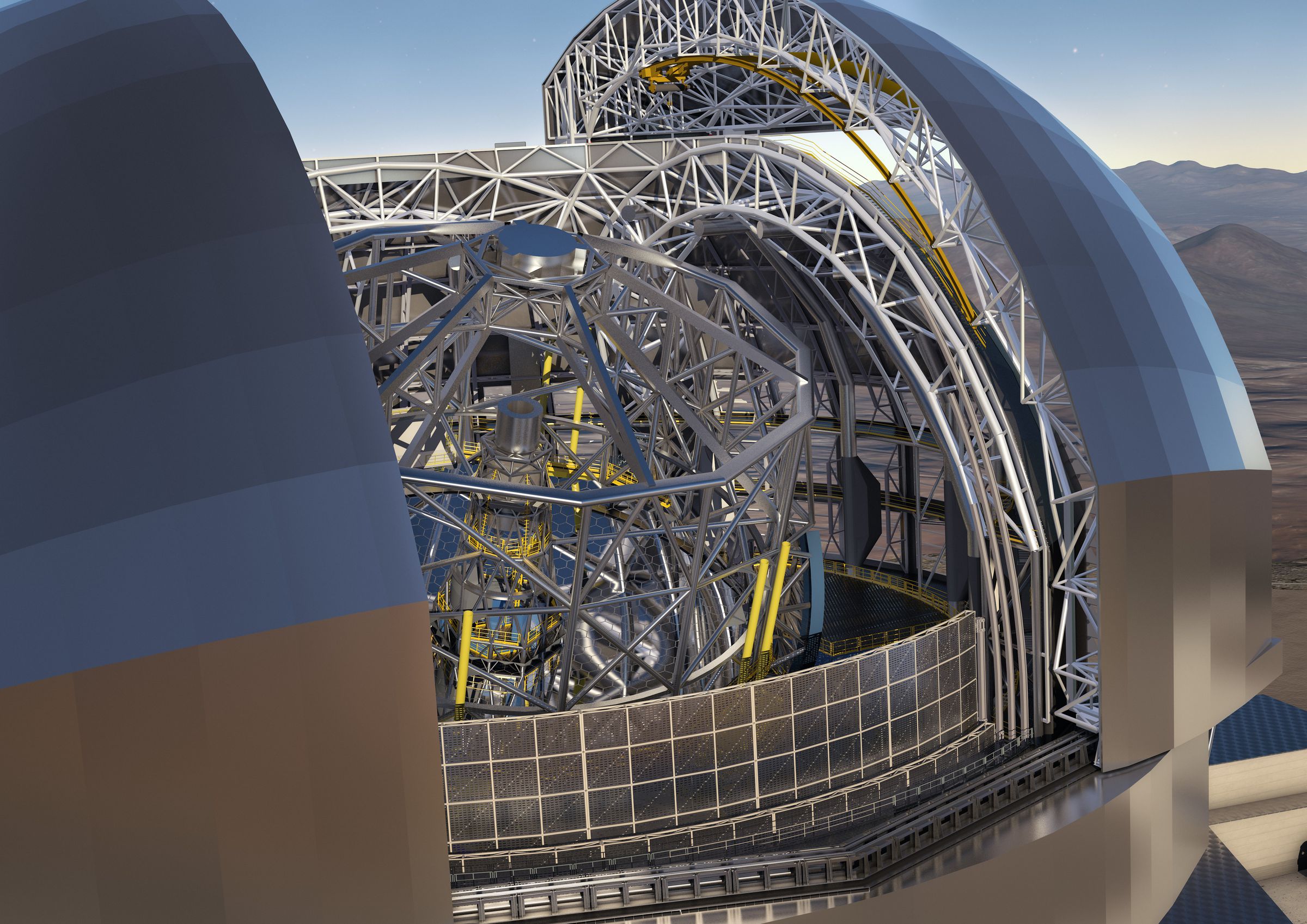An artist’s rendering of the E-ELT, based on the telescope’s construction design.