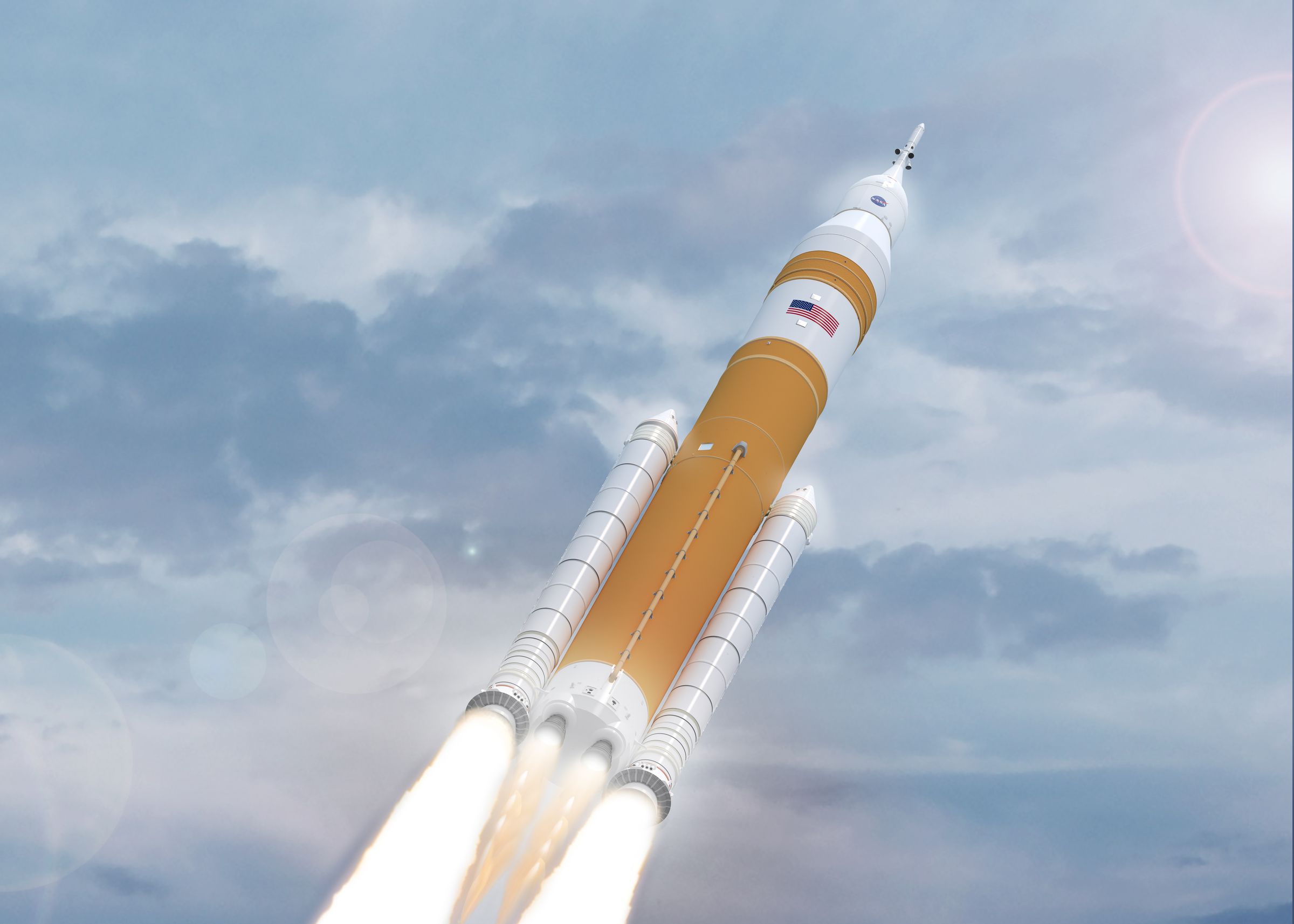 An artistic rendering of NASA’s SLS rocket with an Orion crew capsule on top