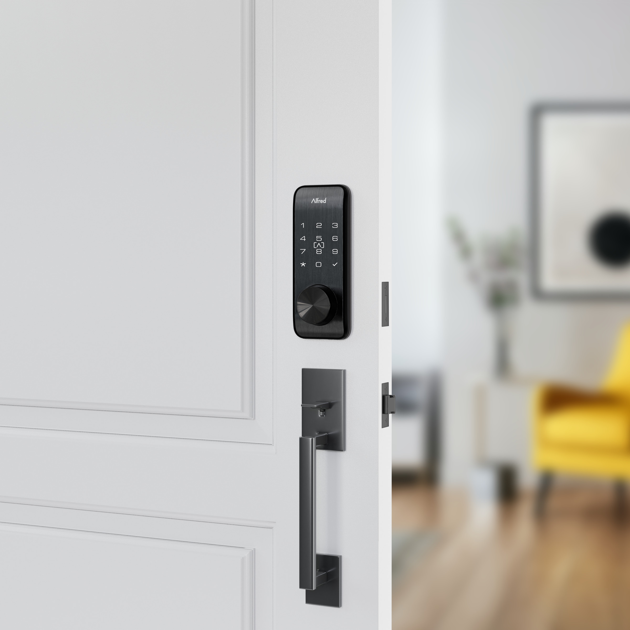 A black smart lock with a keypad on a white door half open so you can see into the living room.