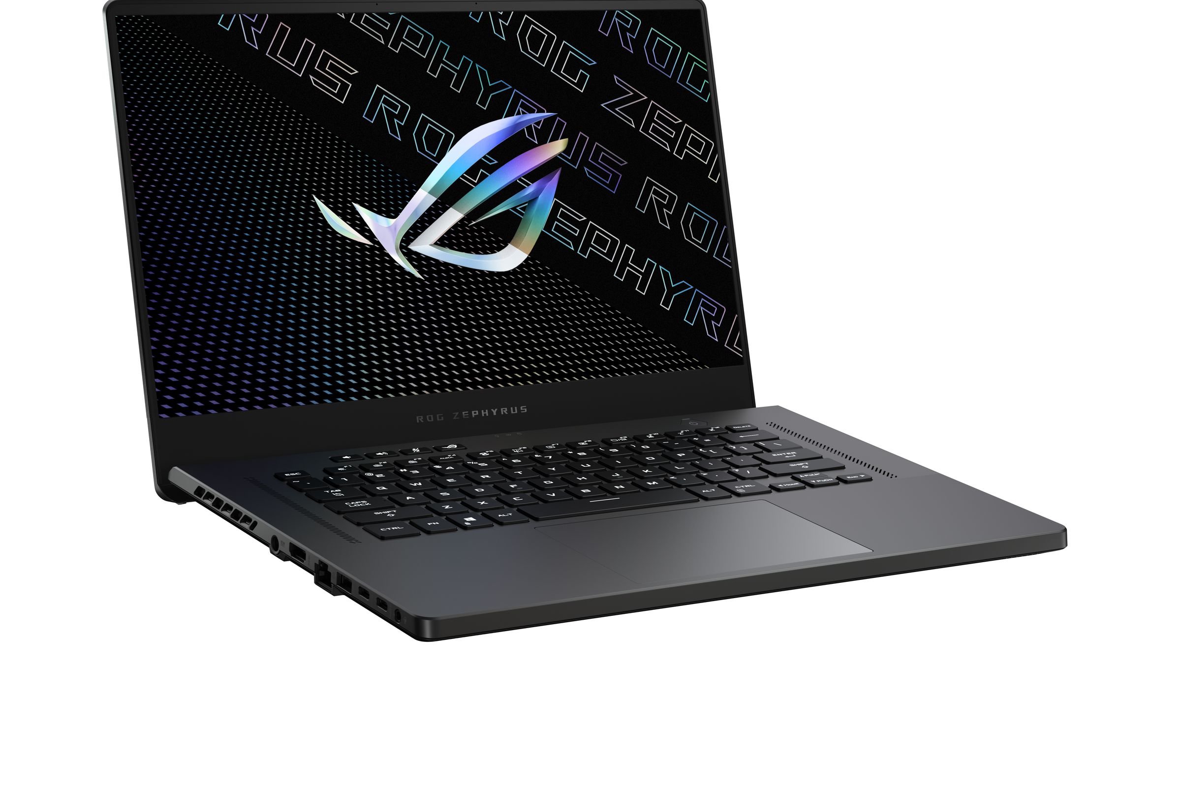 The Zephyrus G15 in Eclipse Gray open, angled to the right. The screen displays the ROG logo.