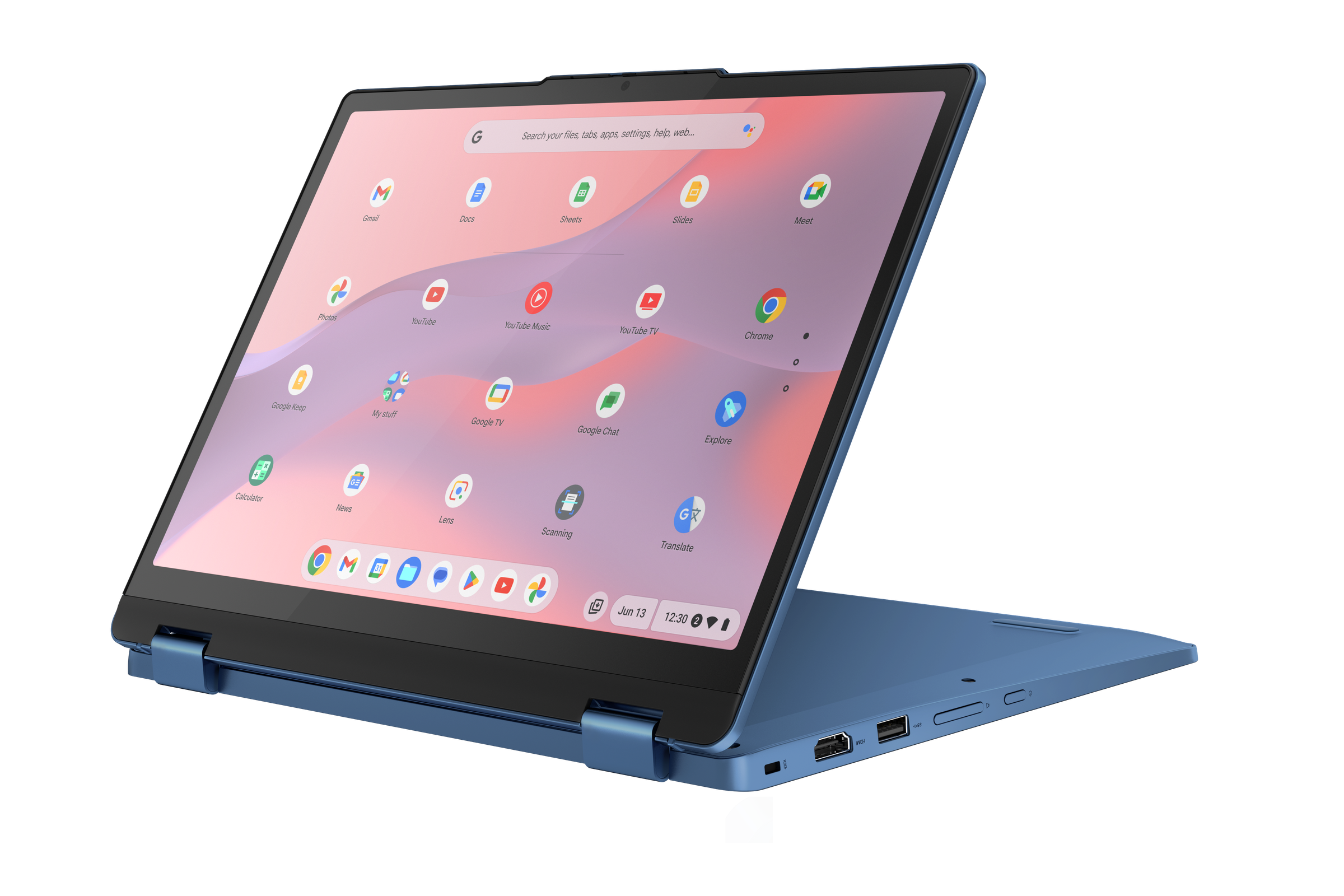 The Lenovo IdeaPad Flex 3i Chromebook in backward mode on a white background. The screen displays the ChromeOS launcher.
