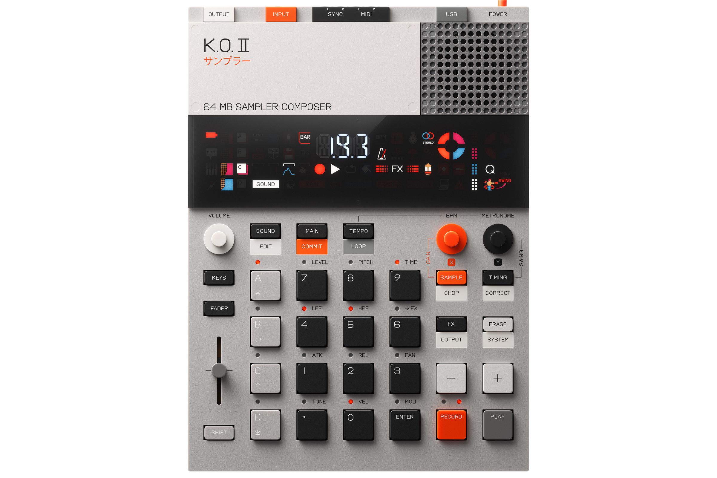A picture of the EP-133 KO II, a gray and white and orange synthesizer.