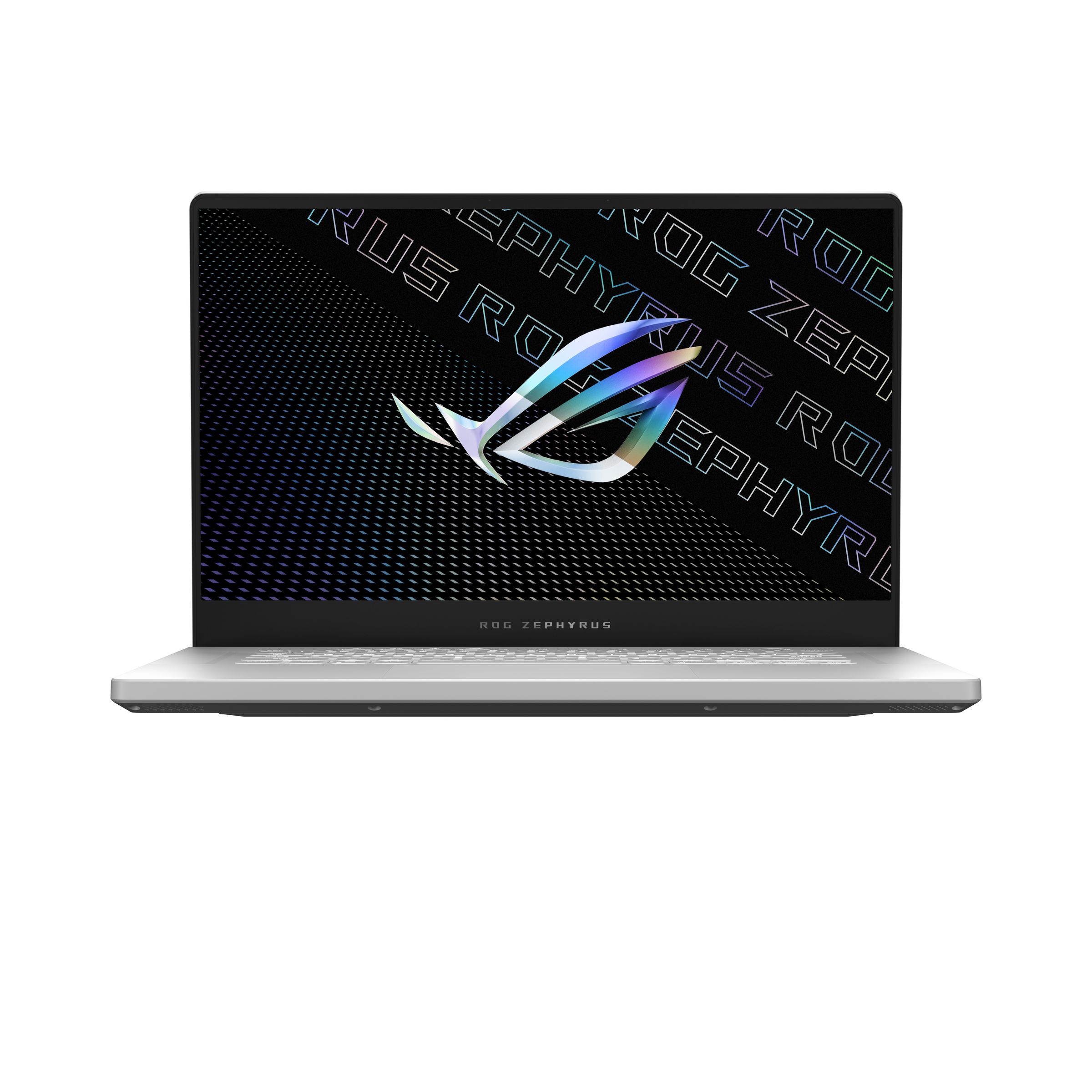 The Zephyrus G15 in Moonlight White faces the camera, open. The screen displays the ROG logo.
