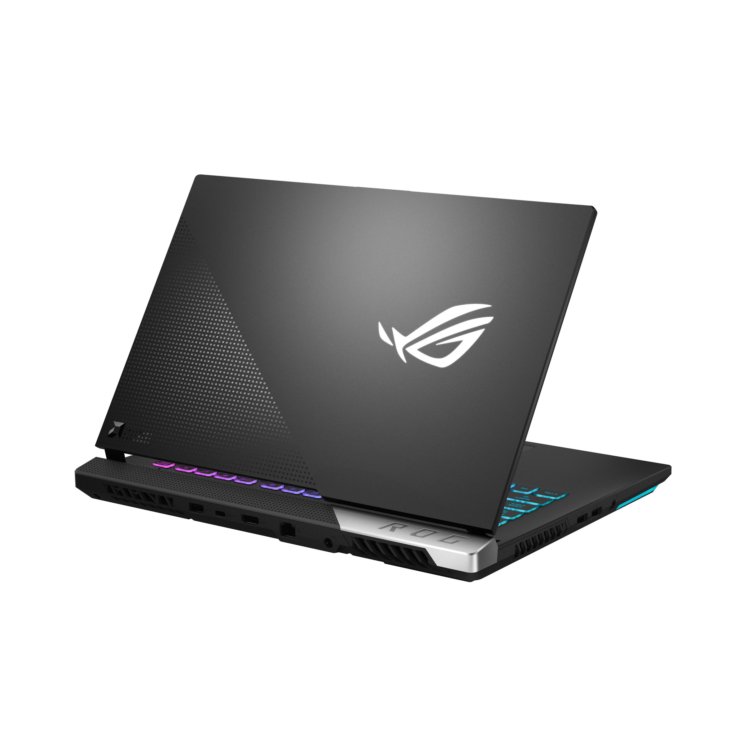 The Asus ROG Strix G15 half open facing away from the camera, angled to the right. 