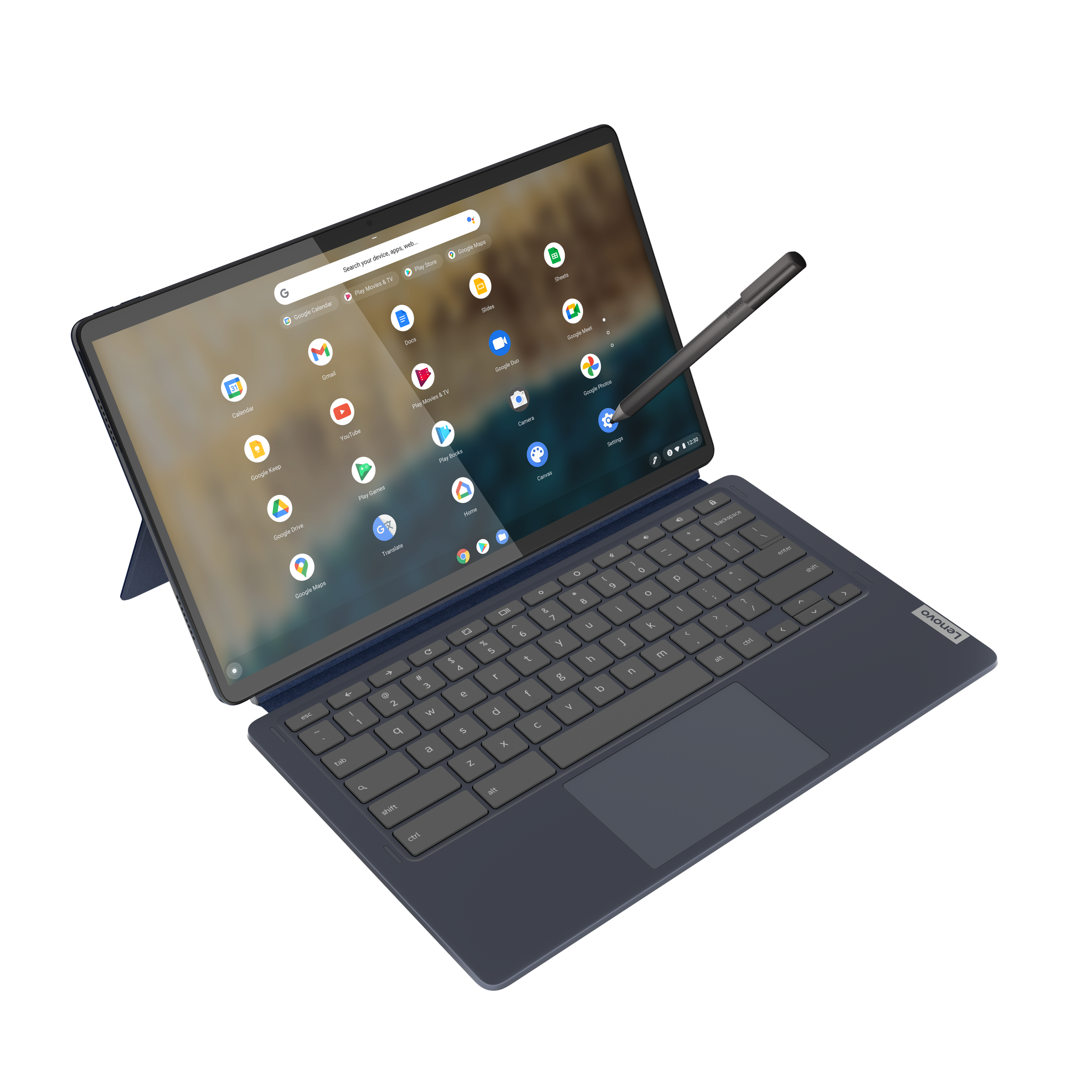 The Lenovo Chromebook Duet in laptop mode, seen from above on a white background with the stylus perpendicular to the right side of the panel. The screen displays the Chrome OS launcher.