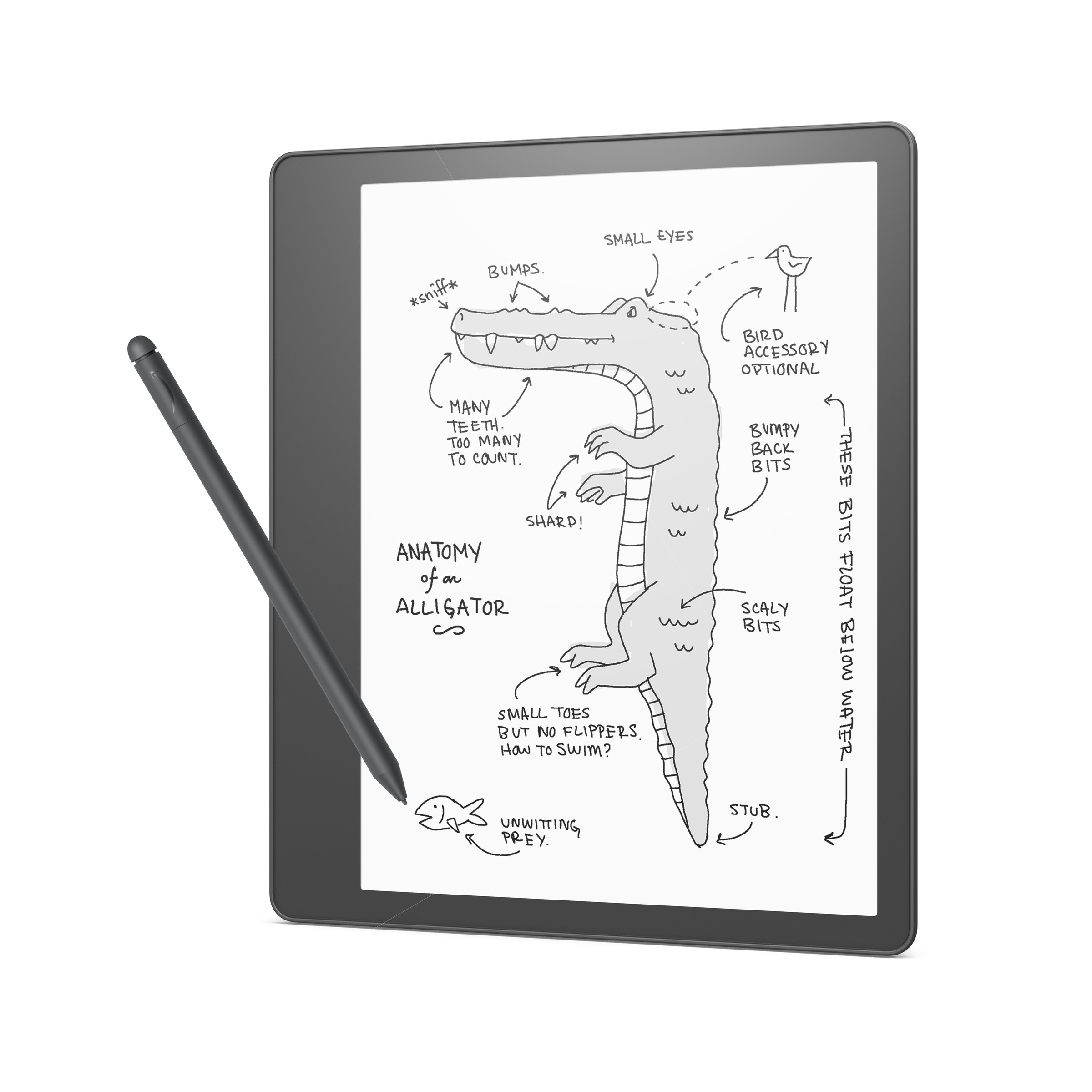 A photo of an Amazon Kindle Scribe with a drawing of a dinosaur on the screen.