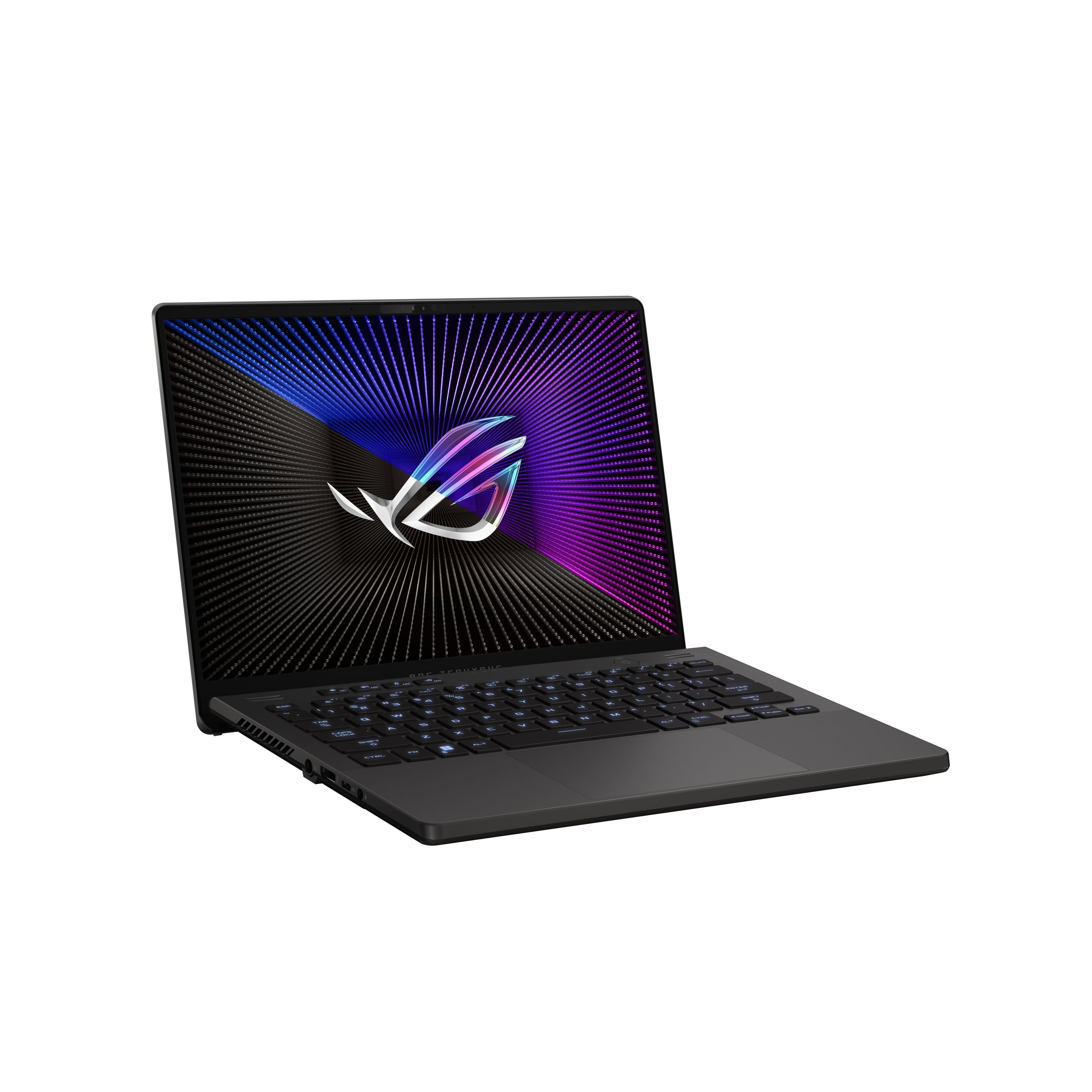 A black Zephyrus G14 model on a white background. The screen displays the Asus ROG logo.
