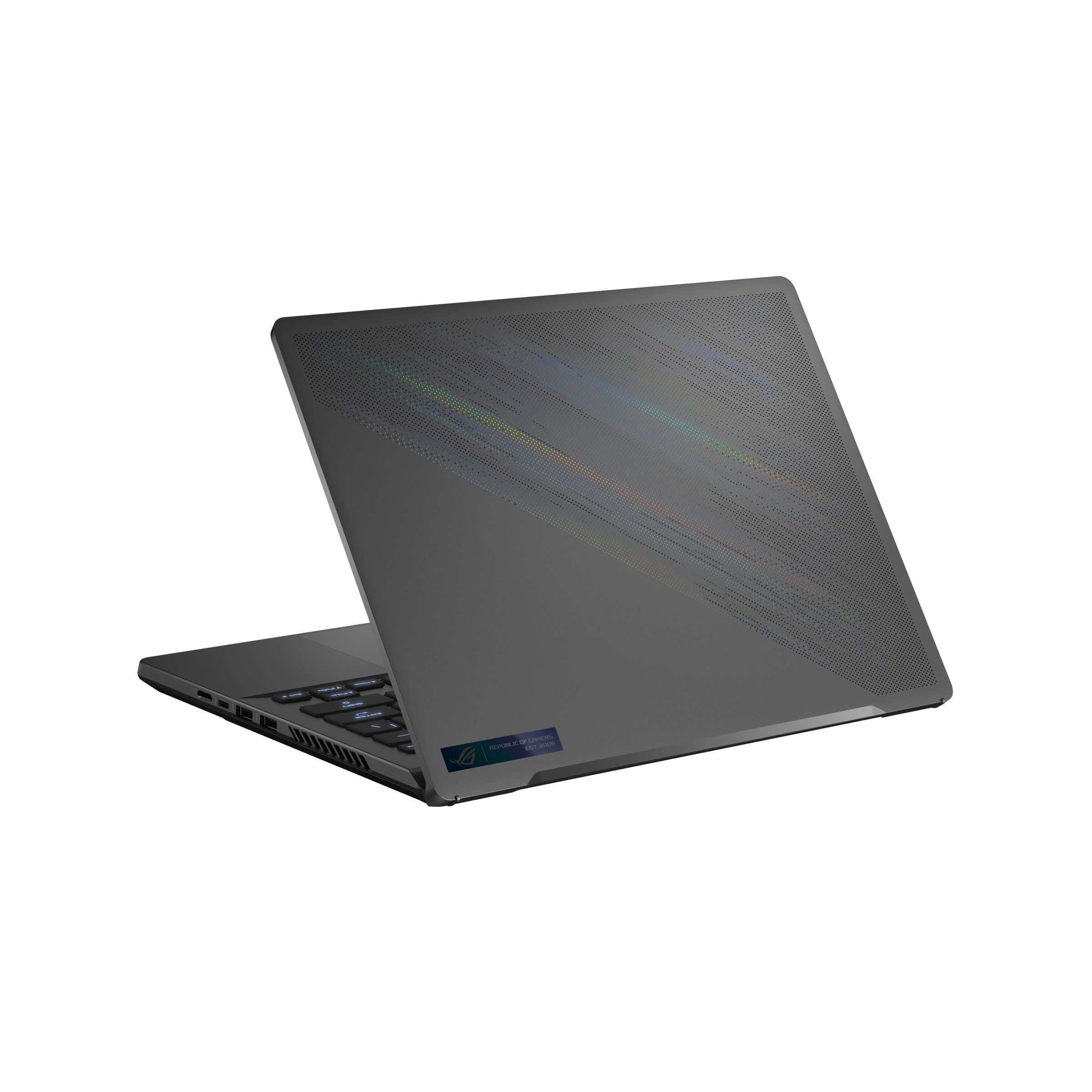 A black Asus ROG Zephyrus G14 seen from behind half open on a white background.